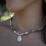 Mixed Gemstones bead necklace with moonstone pendant ~ Gold Plated or Sterling Silver ~ Pearl ~ Rutilated quartz ~ minimalist MN162