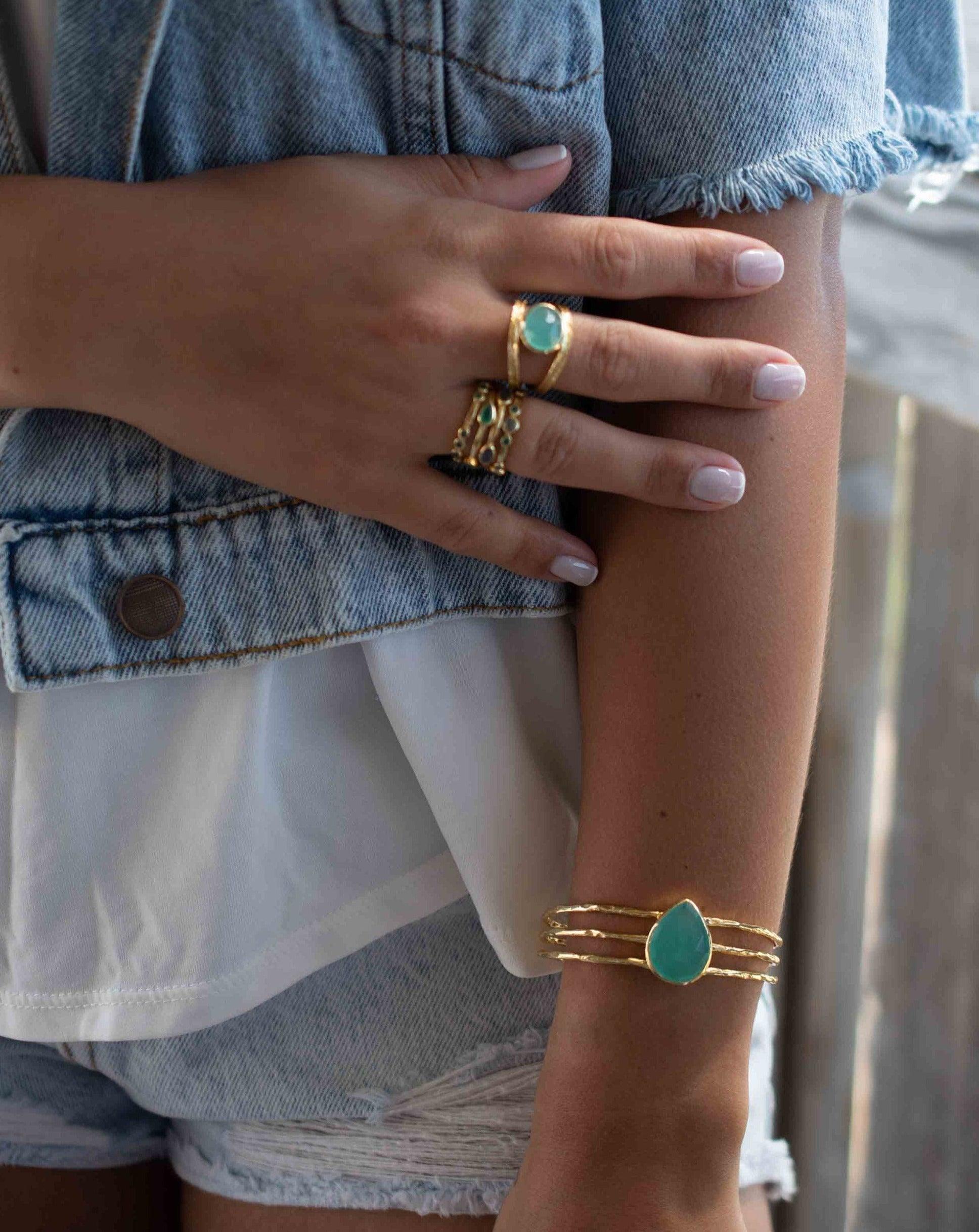 Aqua Chalcedony Adjustable Bracelet ~ Gold Plated 18k ~ Handmade ~Statement  Hippie ~Bohemian ~Jewelry ~Gift For Her ~Gemstone ~Body MB043