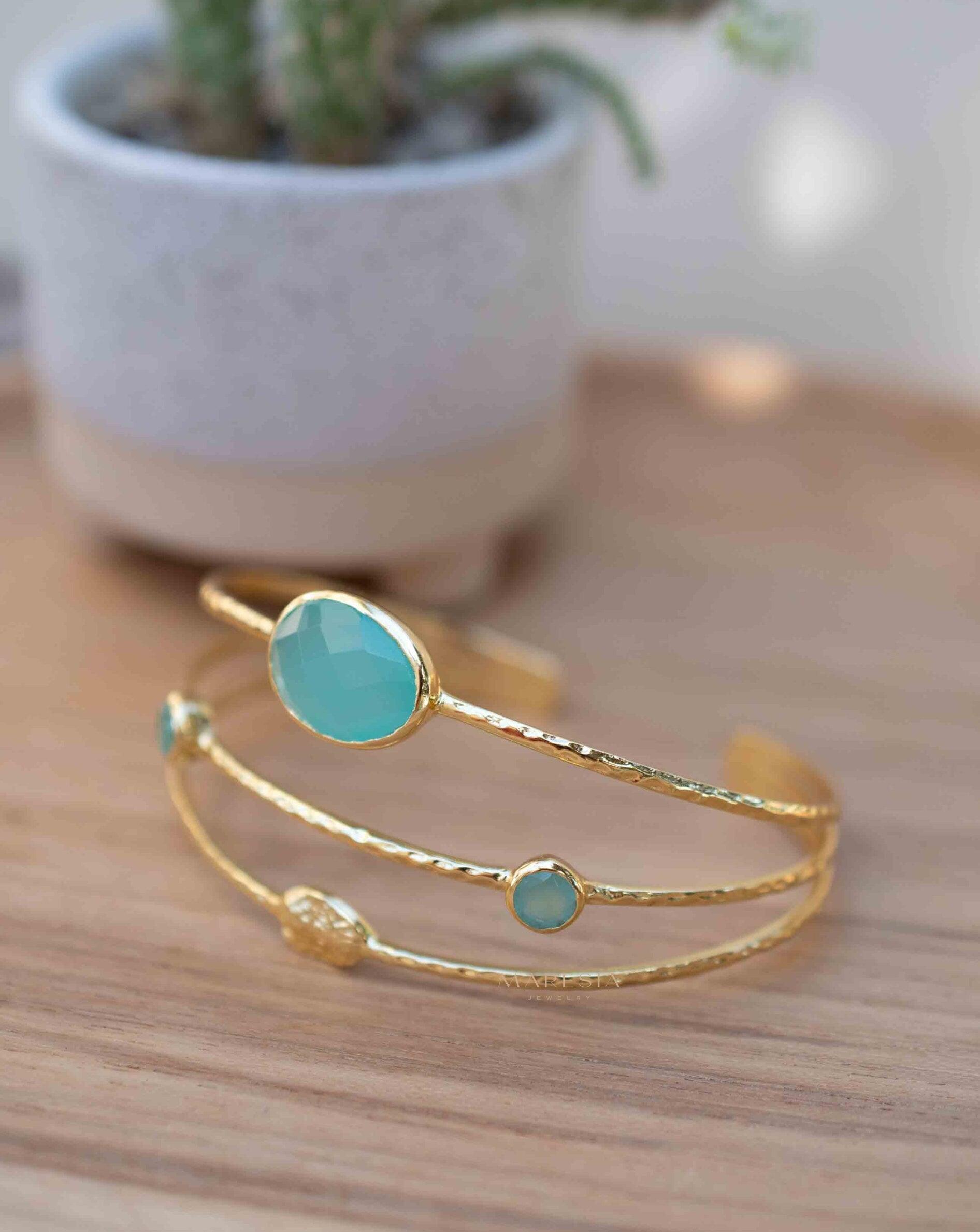 Aqua Chalcedony Adjustable Bracelet ~ Gold Plated 18k ~ Handmade ~Statement Hippie ~Bohemian ~Jewelry ~Gift For Her ~Gemstone ~Body MB055
