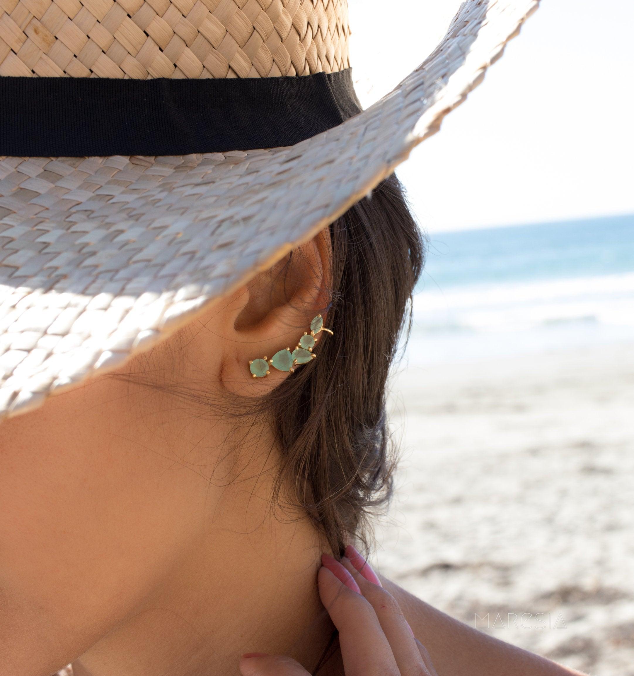 Aqua Chalcedony Ear Climber Earrings ~ 18k Gold Plated ~ ME143 - Maresia Jewelry