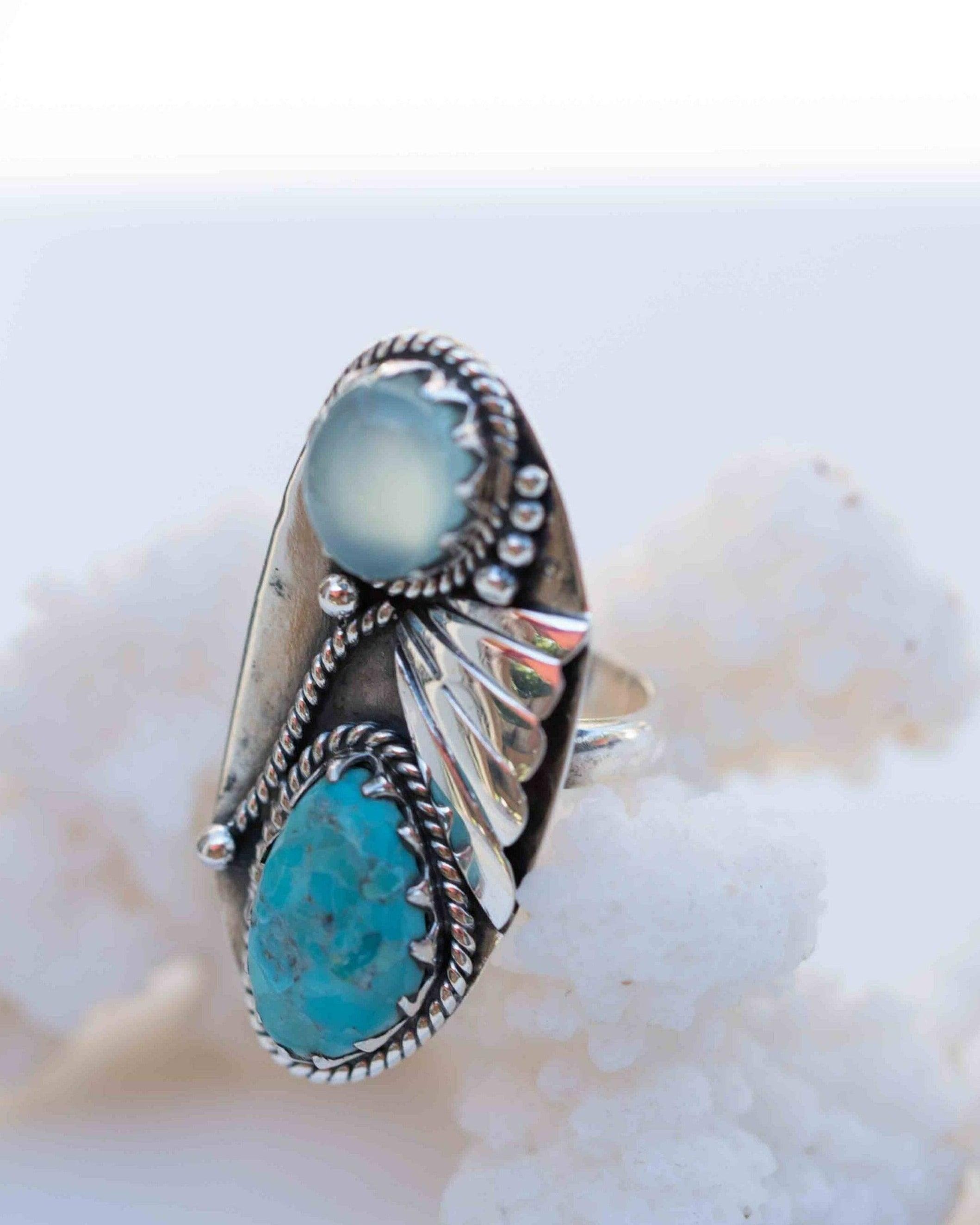 Turquoise & Aqua Chalcedony Ring ~ Sterling Silver 925 ~ Handmade ~ Statement ~Hippie ~Bohemian ~Jewelry ~Gemstone~December Birthstone*MR292