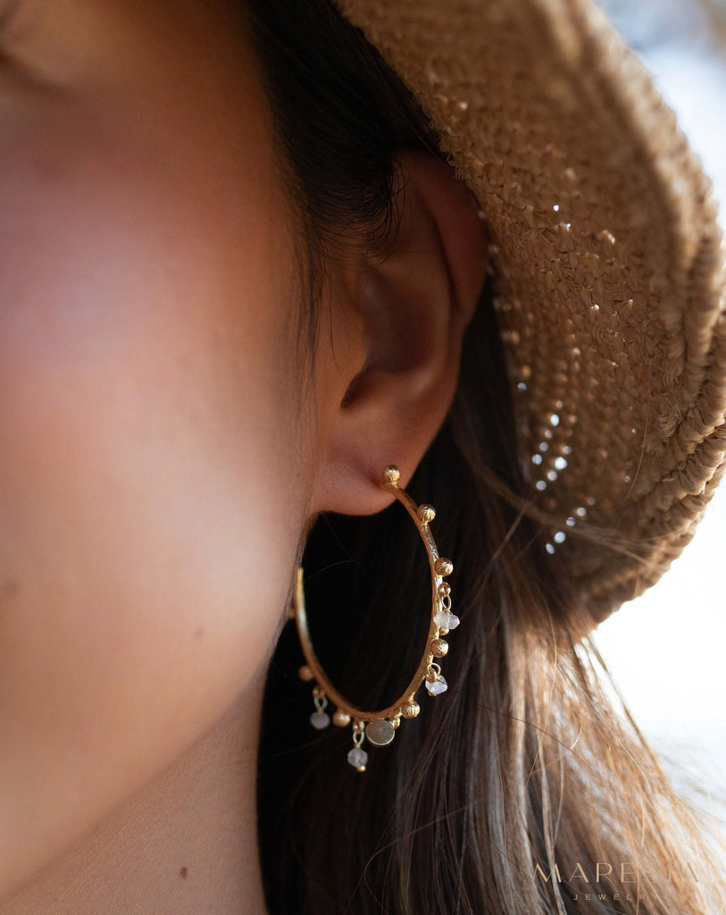 Moonstone Hoop Earrings 18k Gold Plated Earrings ~ Gemstone ~ Post ~Boho design ~ Handmade ~ Jewelry ~ Gift for her ~ ME214