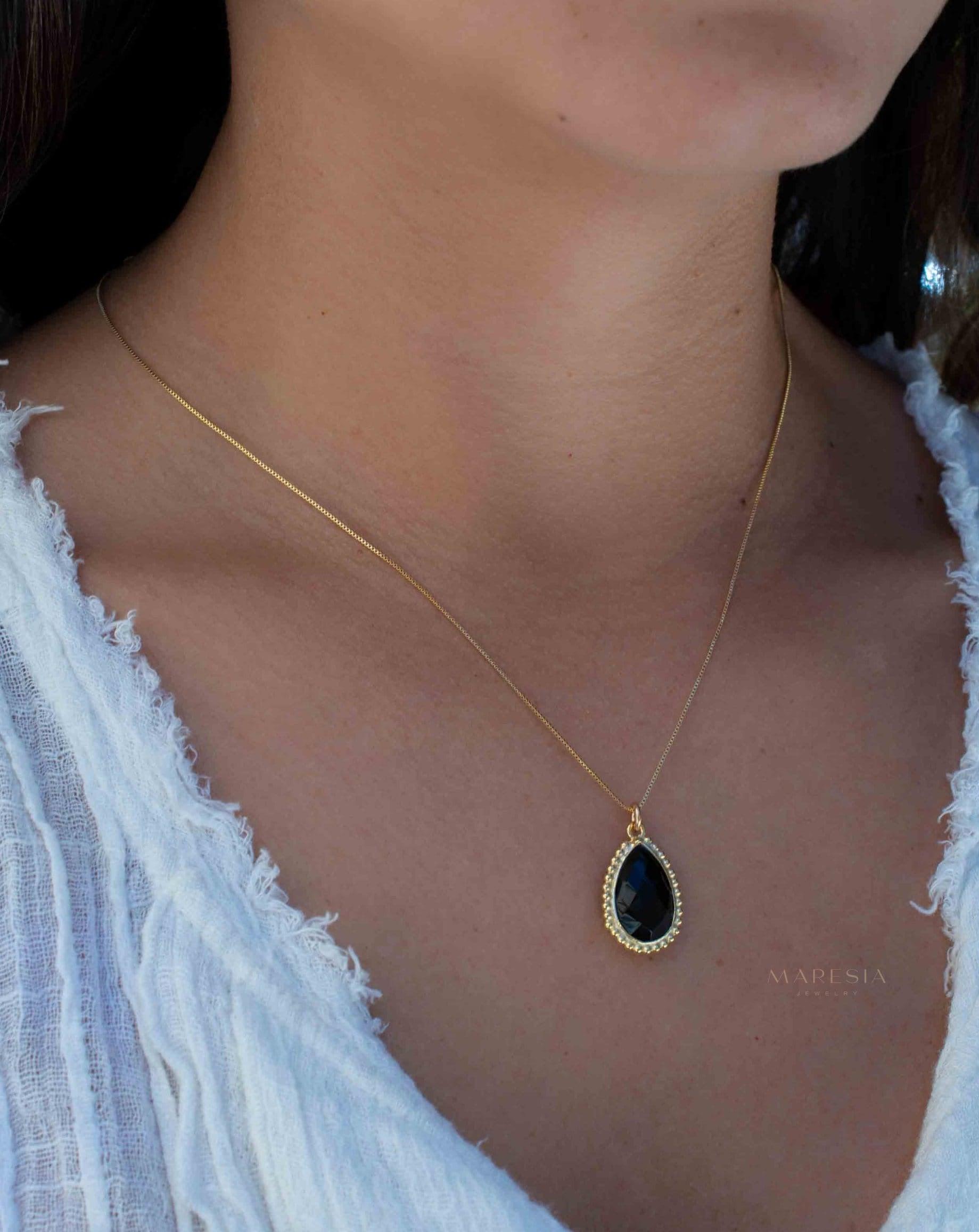 Labradorite, Pink Moonstone, Black Onyx, Aventurine & Aqua Chalcedony Necklace ~ Tear Drop ~ Gold Plated over Sterling Silver~MN149
