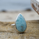 Larimar Ring ~ Statement ~ Gemstone ~ Semi Precious Stone ~ Blue ~ White ~ Natural ~ Organic ~ Sterling Silver 925~Tear Drop~Thin Band~MR278