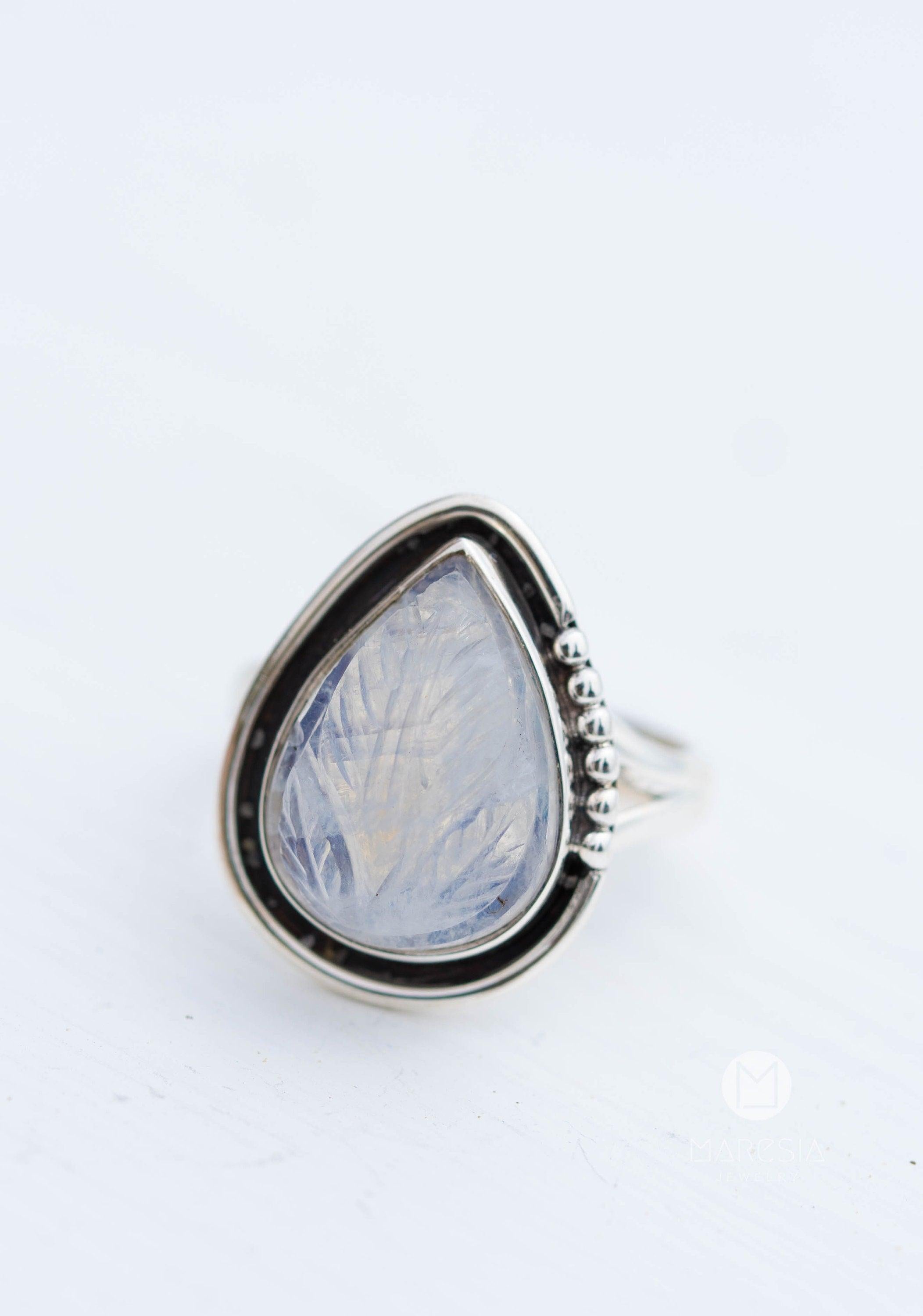 Moonstone Leaf Sculped accent~ Sterling Silver 925 ~ Handmade ~ Gemstone ~Statement Tear Drop stone ~ Hippie ~Bohemian~June Birthstone~MR248