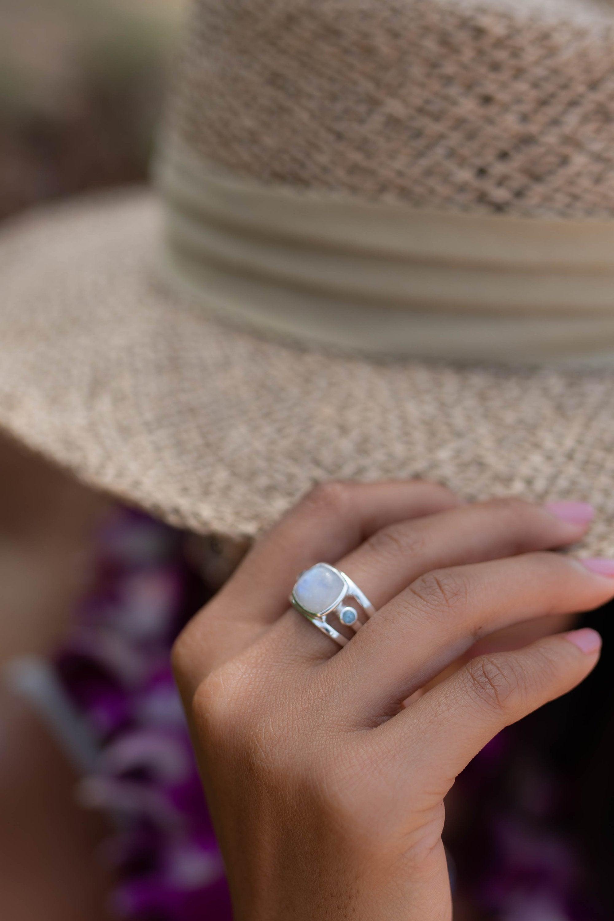 Moonstone & Blue Topaz Ring ~ Sterling Silver 925 ~ Handmade ~ Gemstone Hippie ~ Gypsy ~ Boho ~ Bohemian ~  Stunning~MR269