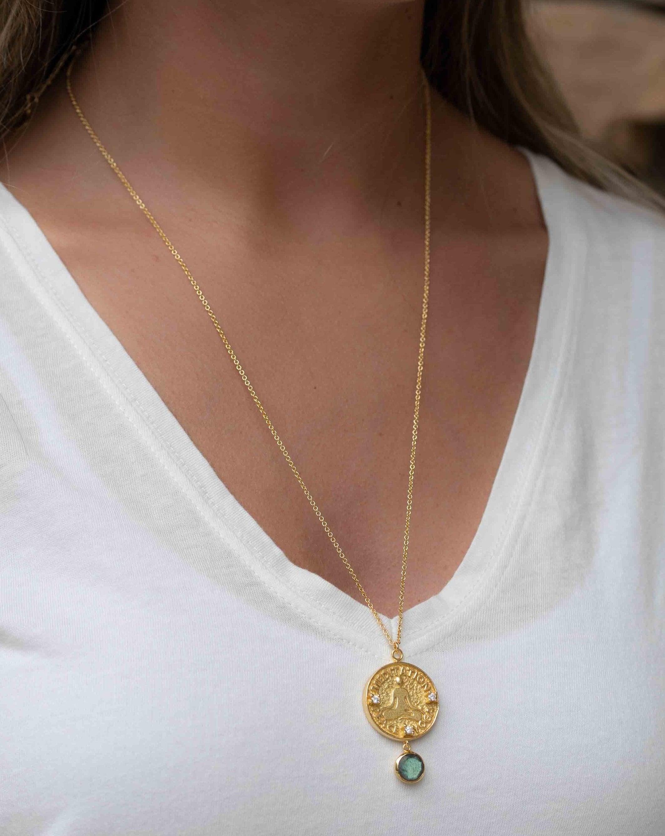 Moonstone, Labradorite or Aqua Chalcedony Meditation Peace Yoga Necklace ~ Charm ~ Gold plated 18k ~ Bohemian ~ Cubic zirconia ~ MN118
