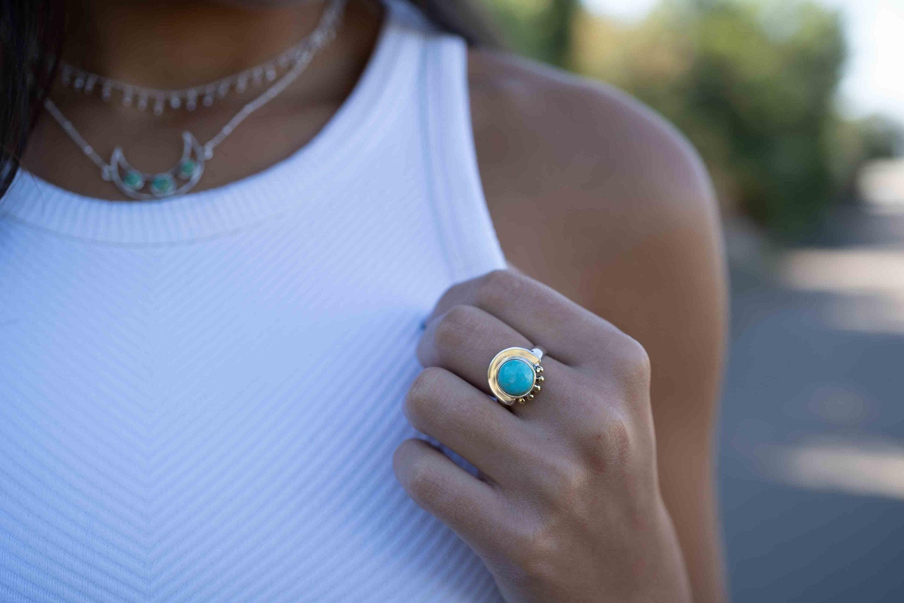 Turquoise Ring ~ Mix metals ~ oval shape ~Sterling Silver 925 and brass ~ Handmade ~ Gemstone ~ Statement~ December Birthstone MR279