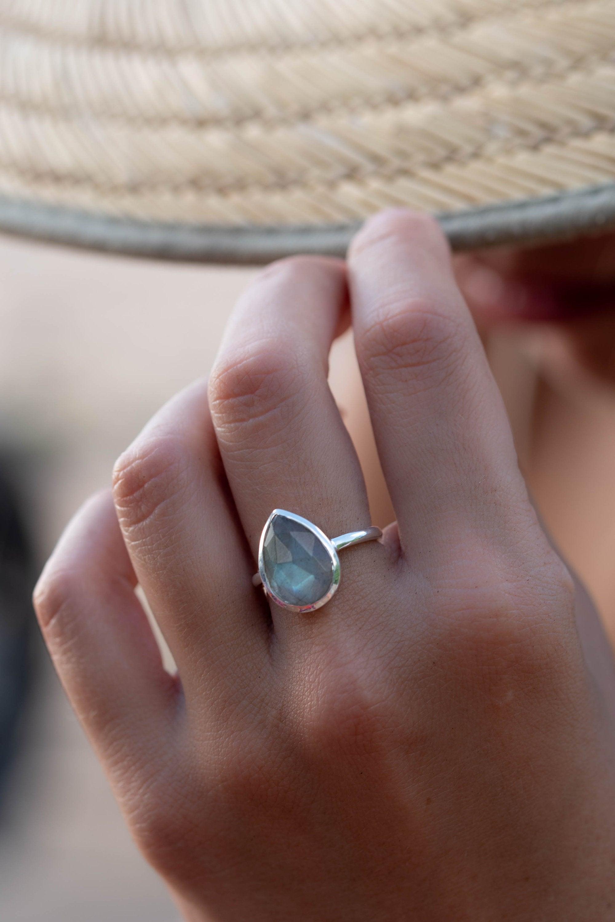 Rainbow Labradorite Tear Drop Ring ~ Gemstone ~ Natural ~ Sterling Silver 925~ Jewelry ~ Handmade~February Birthstone - MR225
