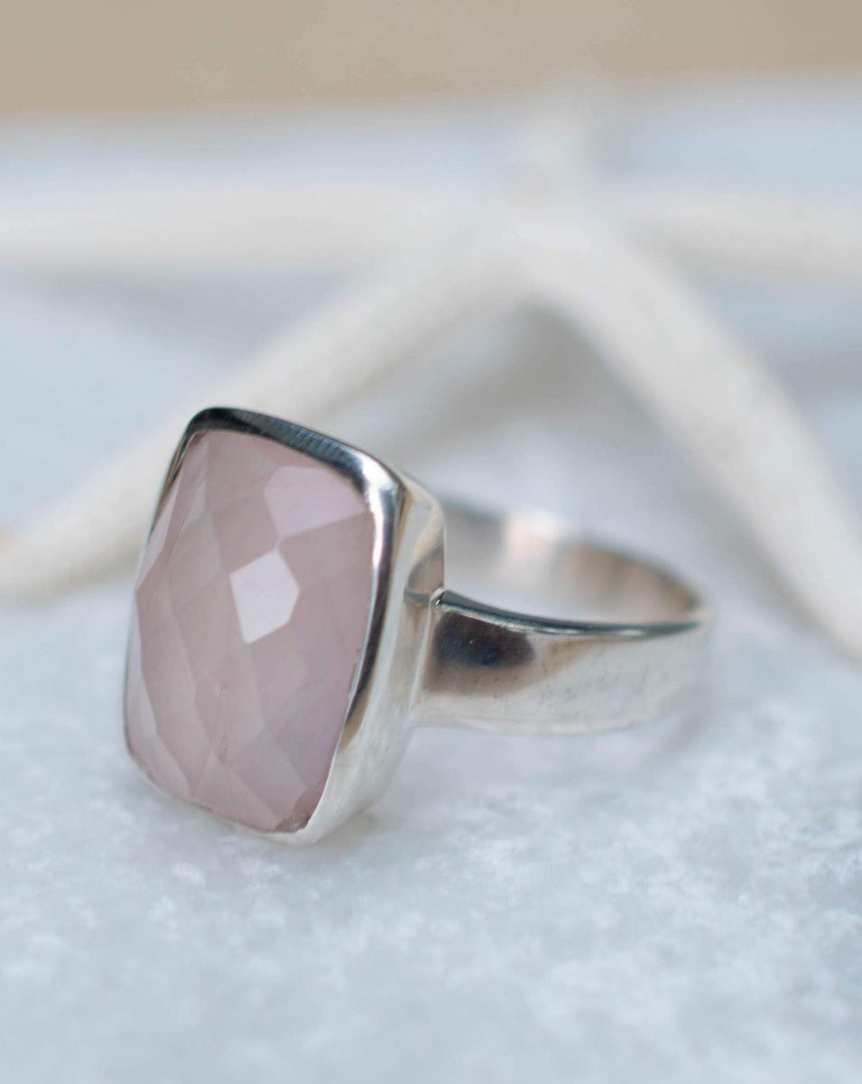 New Elle Sterling Silver Rose Quartz Cushion Shaped offers Cab Ring