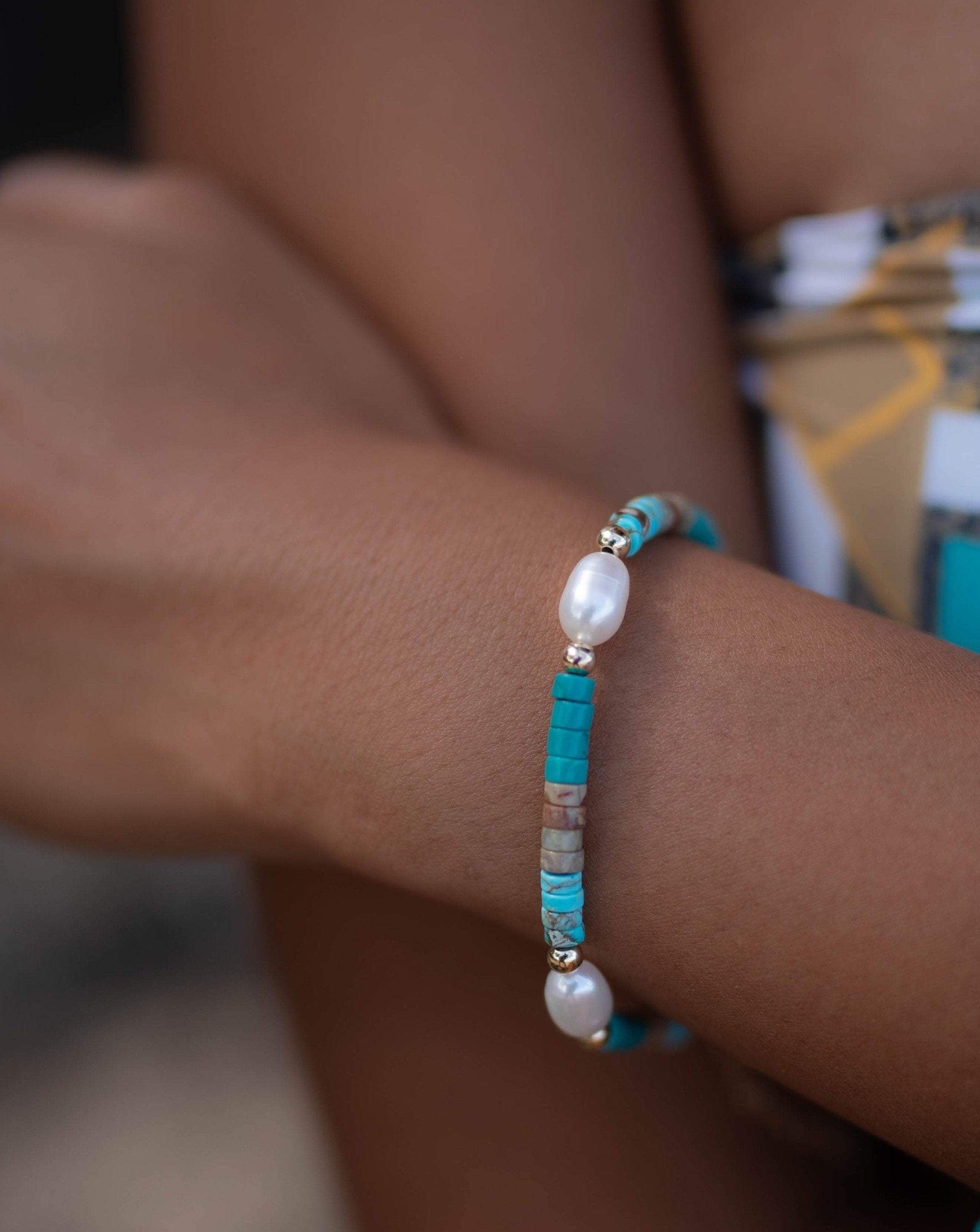 Turquoise & Pearl Bracelet ~ Gold Filled or Sterling Silver 925 ~ Handmade ~ Hippie ~Bohemian ~Jewelry ~Stackable ~Gemstone ~MR030