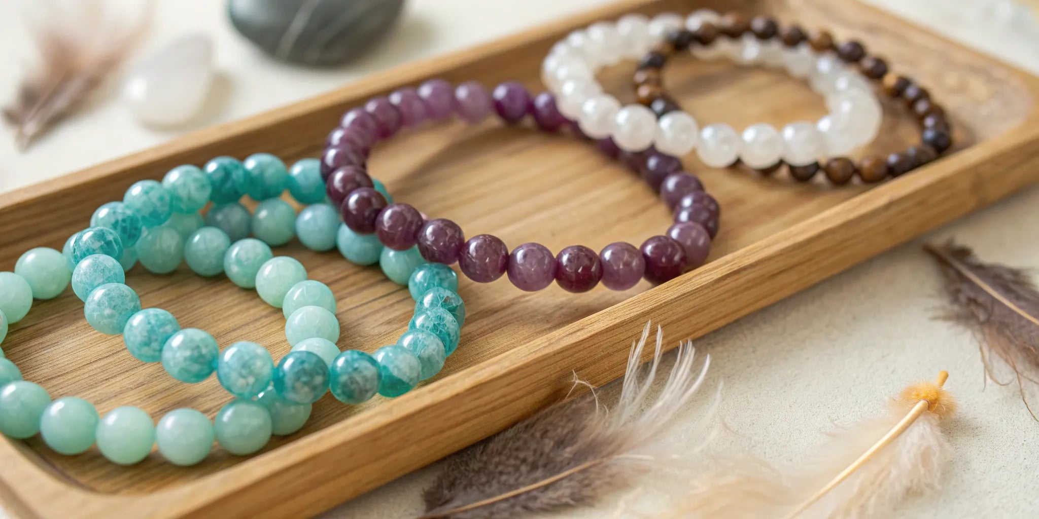A variety of colorful natural stone bracelets and their spiritual meanings.