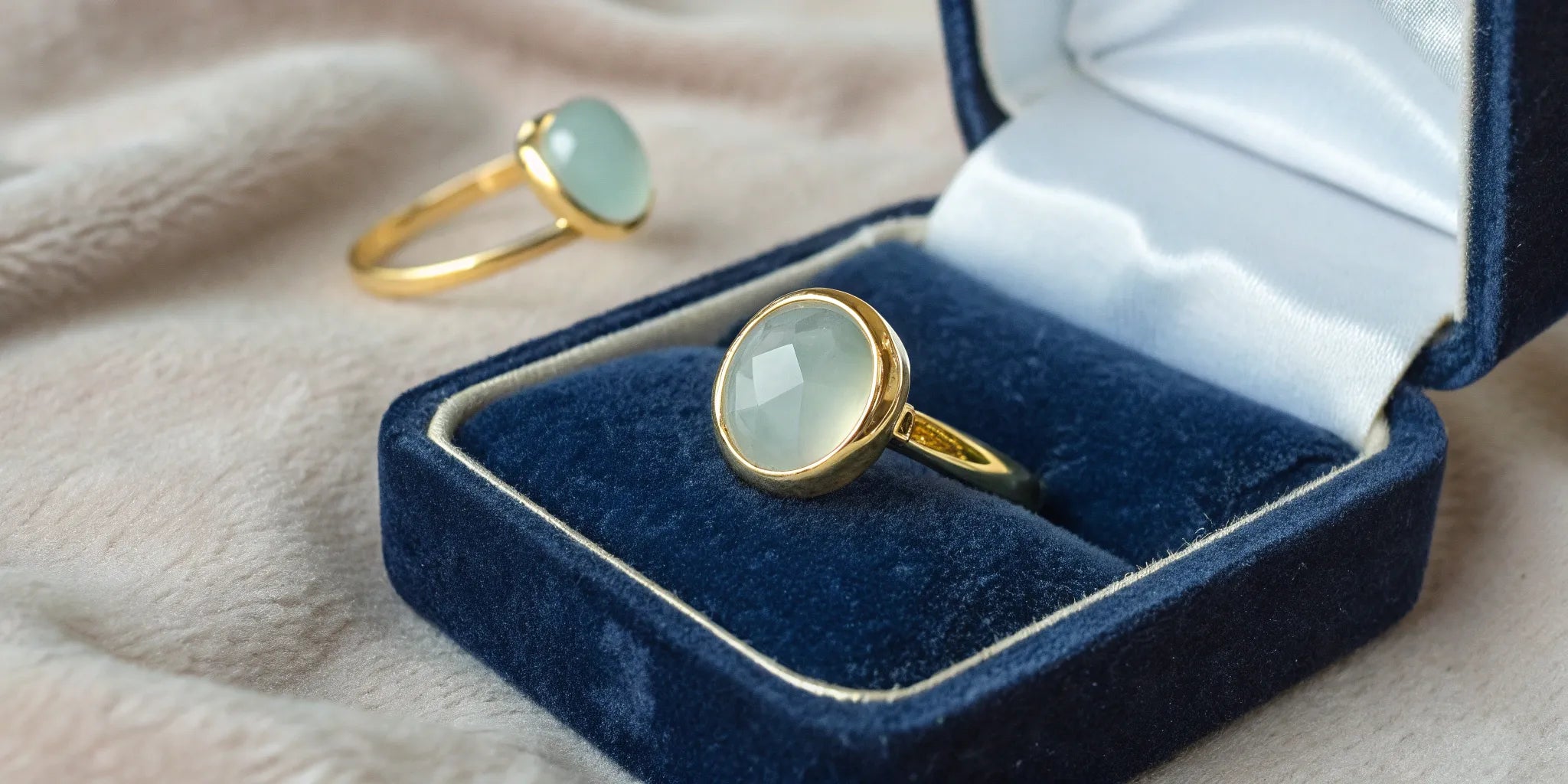 An aqua chalcedony gold ring in a blue velvet box, a beautiful choice to buy online.