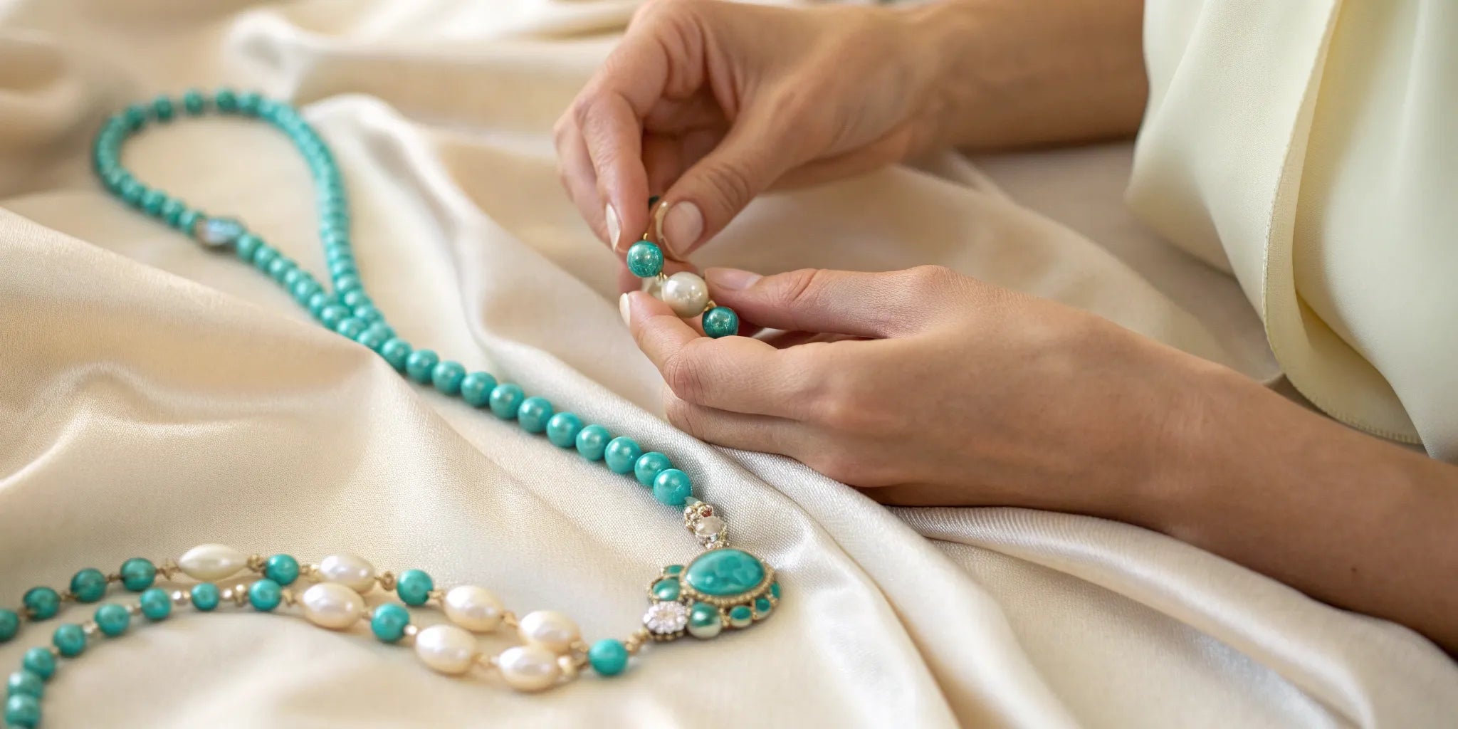 Hands carefully cleaning turquoise and pearl jewelry on a soft cloth.
