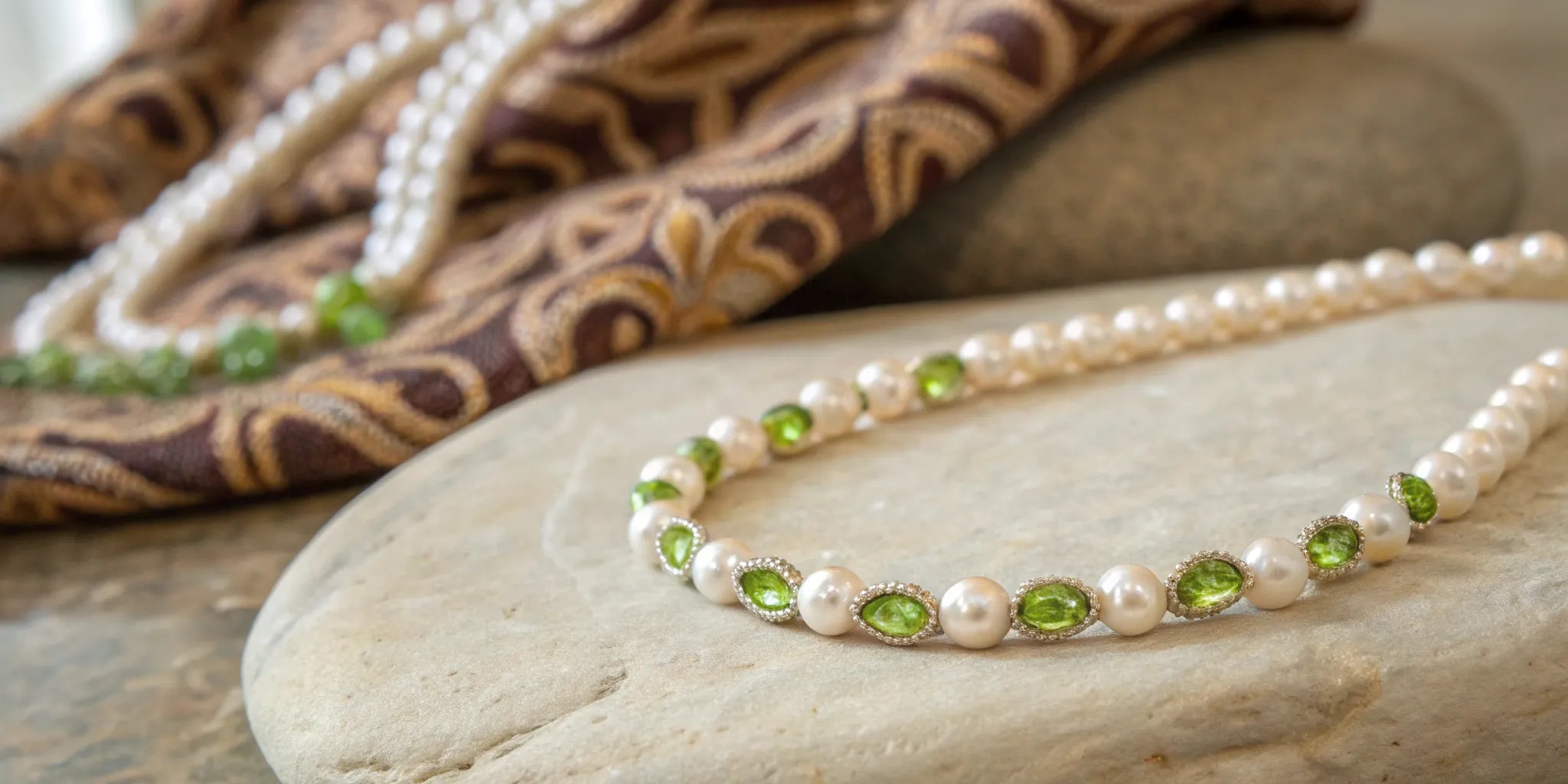 An elegant handmade necklace with green peridot and classic pearls.