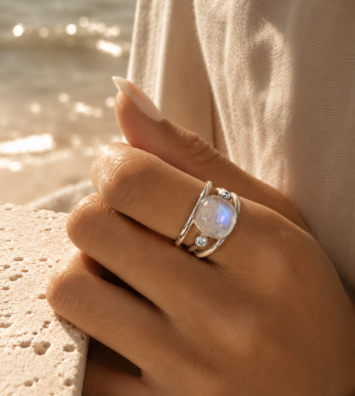 Moonstone & Blue Topaz Ring ~ Sterling Silver 925 ~ MR269 - Maresia Jewelry