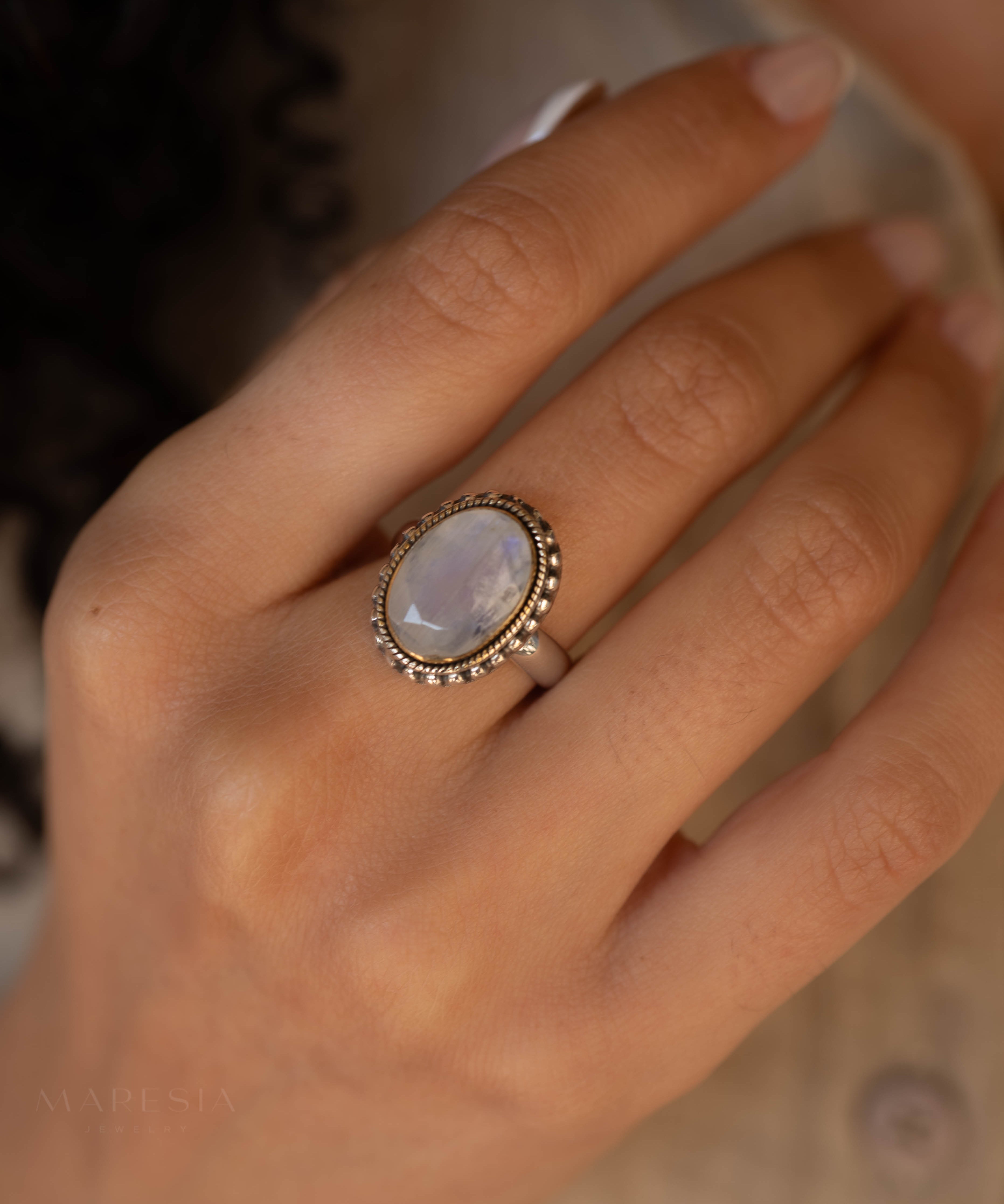Round Moonstone Ring ~ Sterling Silver 925 Gold Plated ~MR026 - Maresia Jewelry