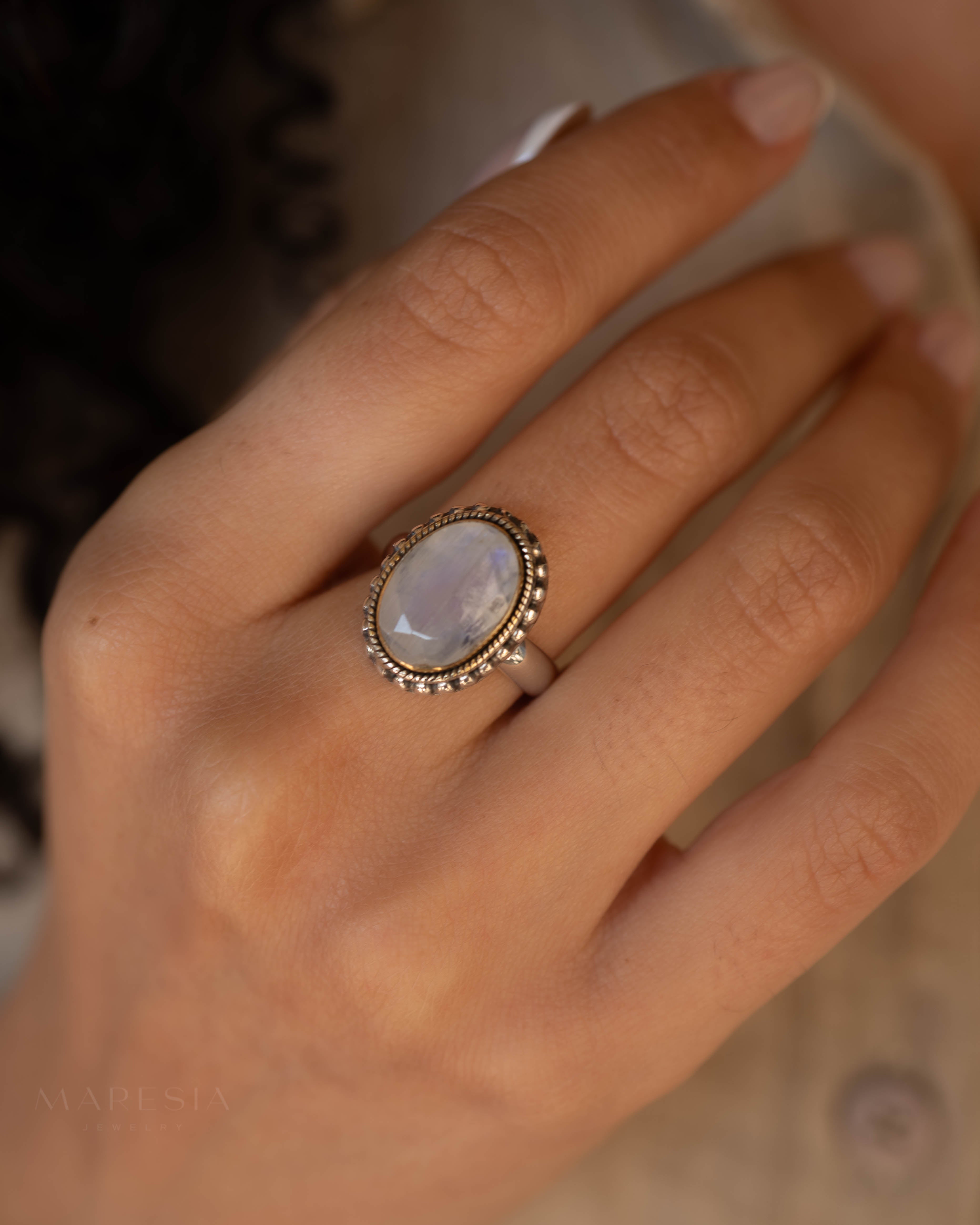 Round Moonstone Ring ~ Sterling Silver 925 Gold Plated ~MR026 - Maresia Jewelry