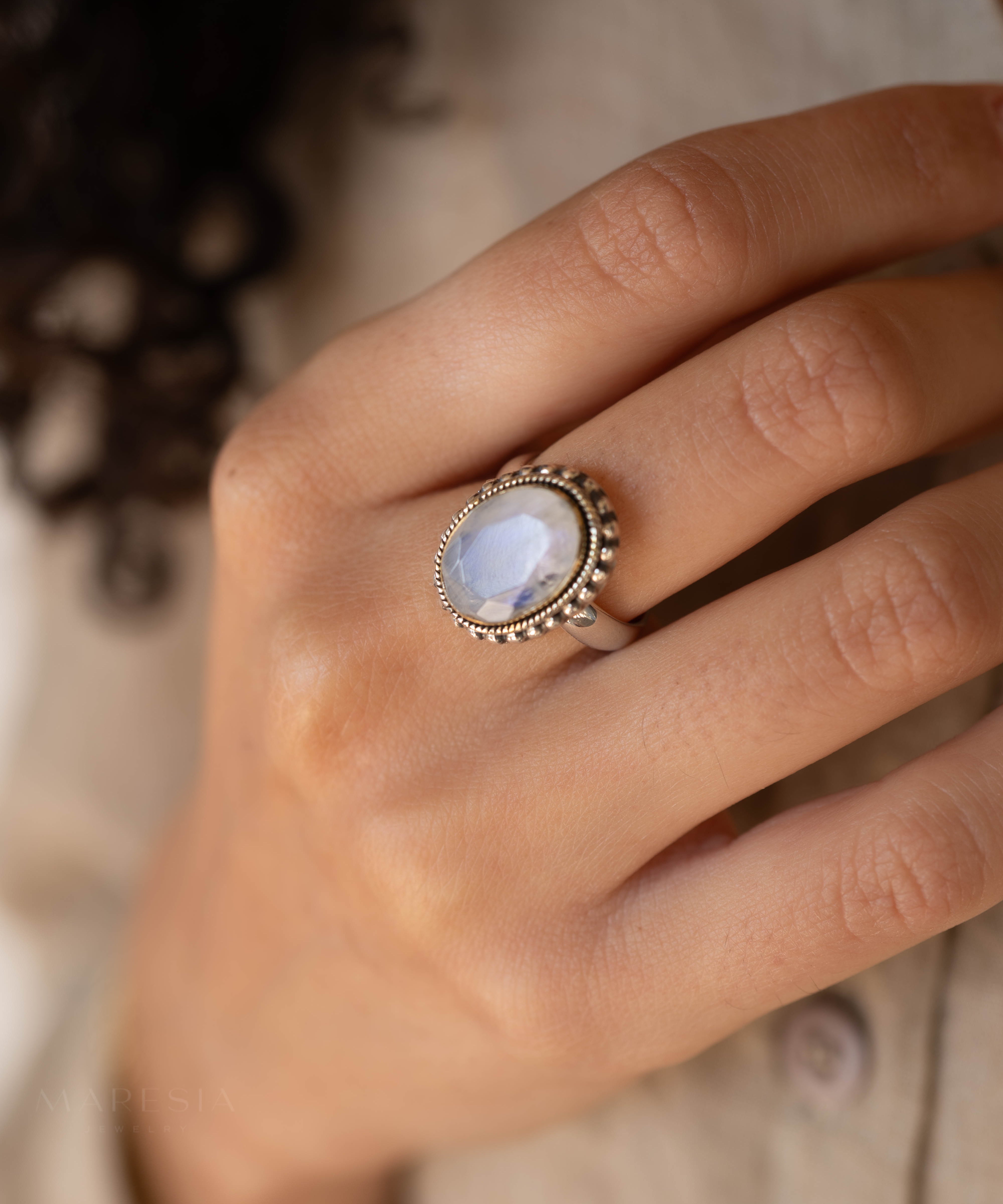 Round Moonstone Ring ~ Sterling Silver 925 Gold Plated ~MR026 - Maresia Jewelry