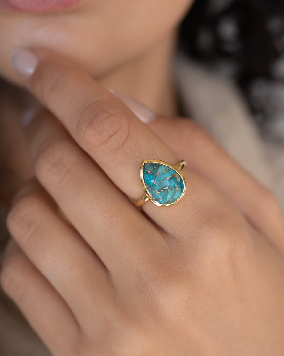 Lia Copper Turquoise Tear Drop Ring ~  18k Gold Plated ~ MR122A - Maresia Jewelry