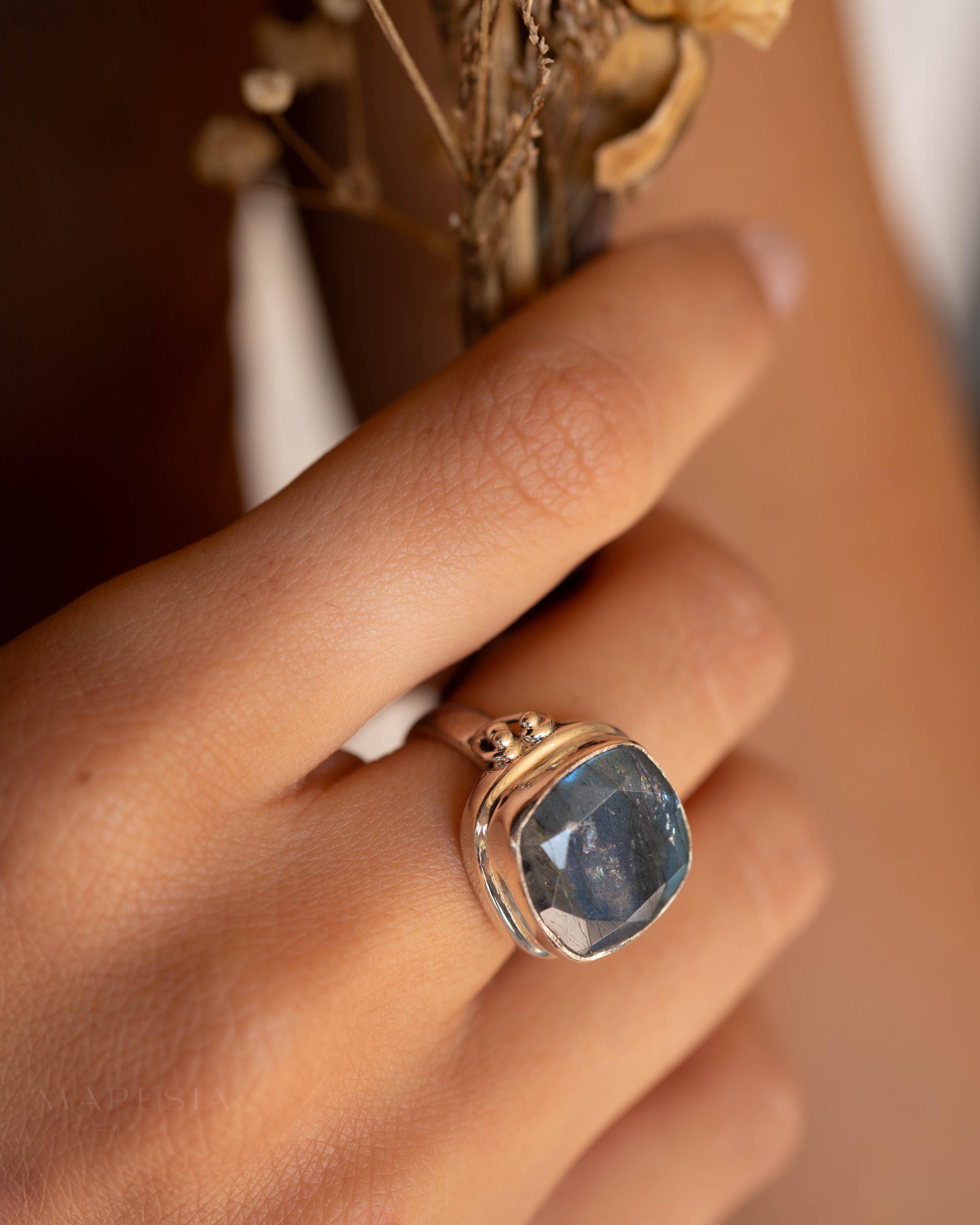Alice Rainbow Labradorite  Square Ring ~Sterling Silver 925 ~ MR111 - Maresia Jewelry