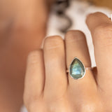 Lia Rainbow Labradorite Tear Drop Ring ~ Sterling Silver 925 ~ MR225