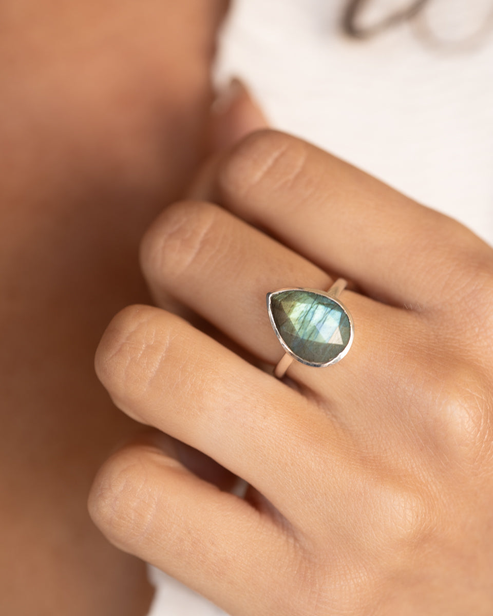 Lia Rainbow Labradorite Tear Drop Ring ~ Sterling Silver 925 ~ MR225 - Maresia Jewelry