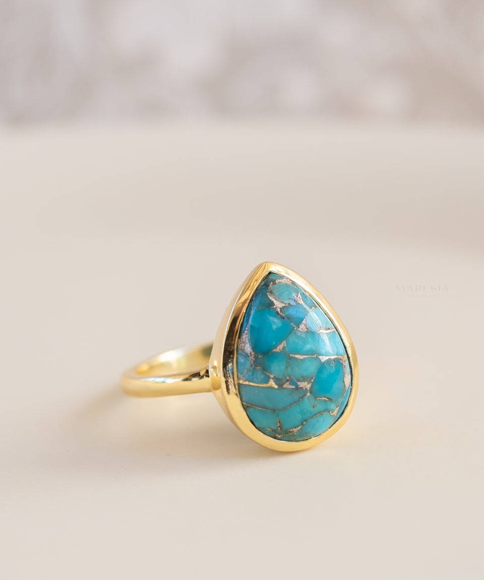 Lia Copper Turquoise Tear Drop Ring ~  18k Gold Plated ~ MR122A - Maresia Jewelry