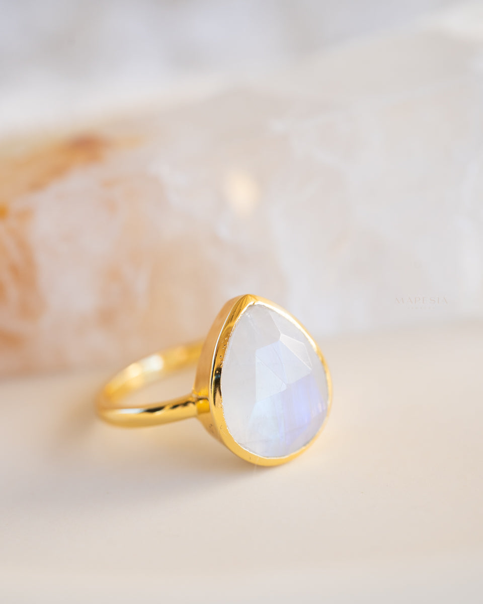 Lia Rainbow Moonstone Tear Drop Ring  ~ 18k Gold Plated ~  MR147 - Maresia Jewelry
