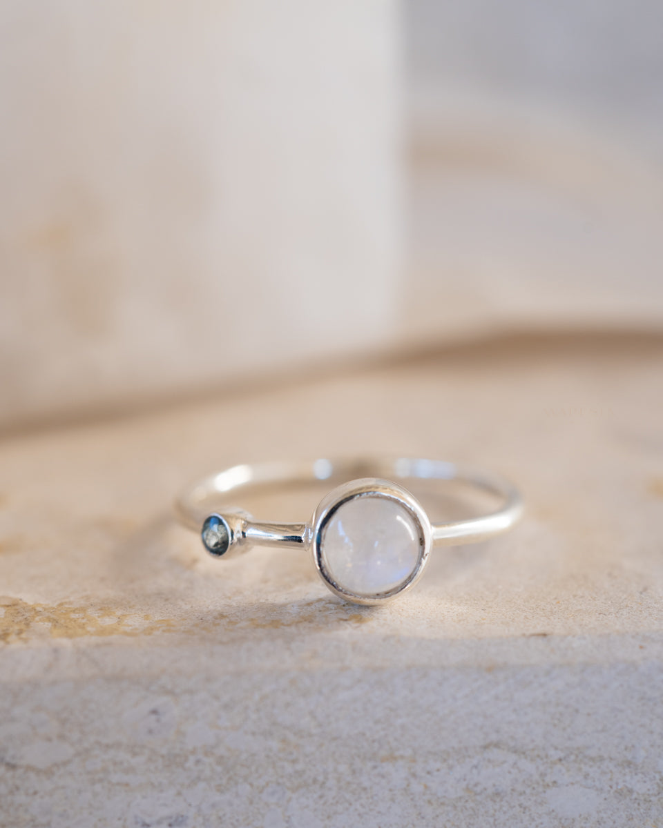 Dainty Moonstone & Blue Topaz Ring~ Sterling Silver 925 ~ MR267 - Maresia Jewelry