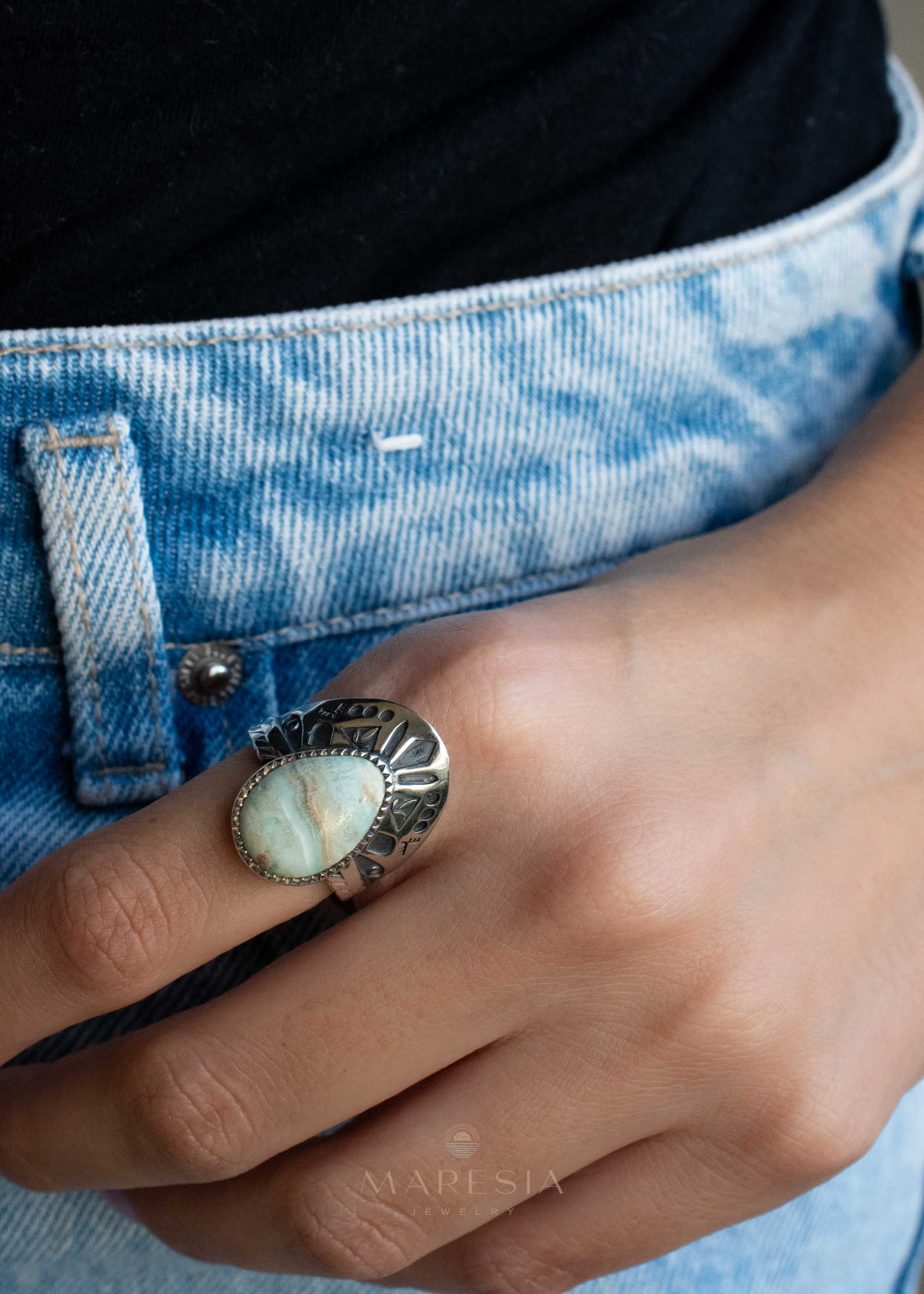 Jand Ring ~ Blue Aragonite ~ Sterling Silver 925 ~ SMR173
