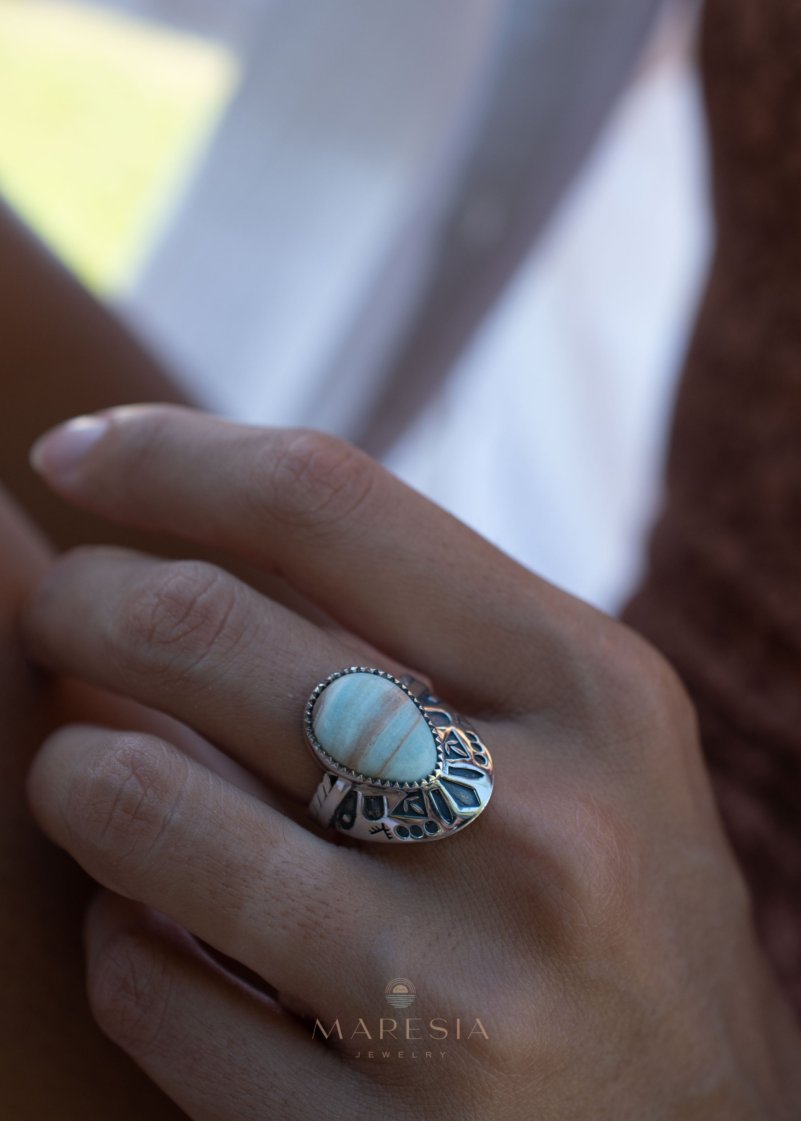 Jand Ring ~ Blue Aragonite ~ Sterling Silver 925 ~ SMR173