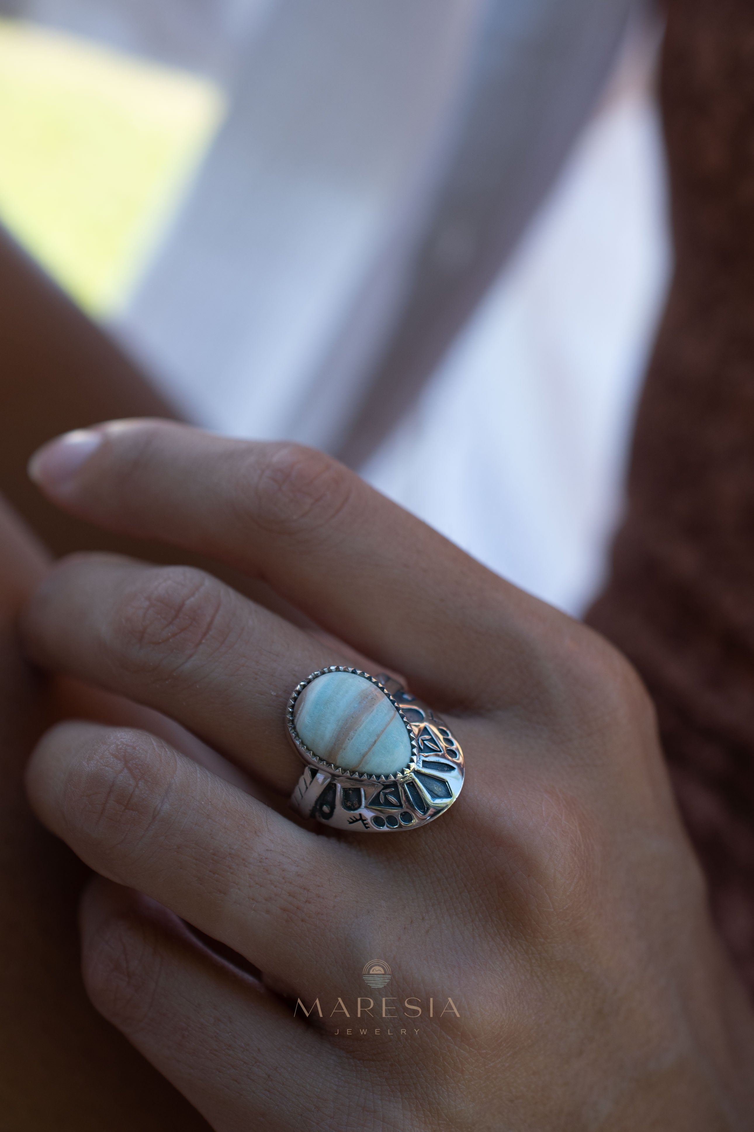 Jand Ring ~ Blue Aragonite ~ Sterling Silver 925 ~ SMR173