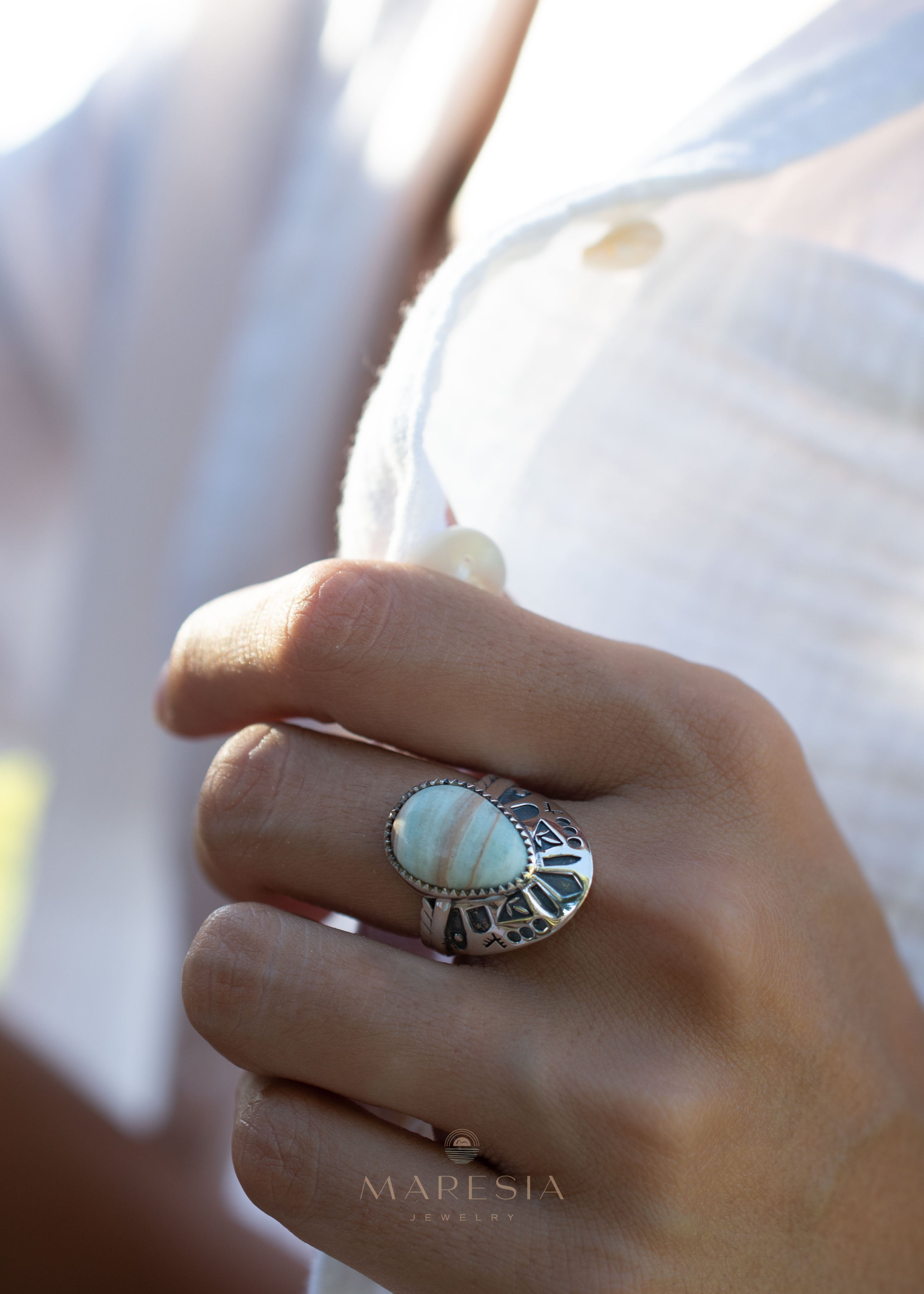 Jand Ring ~ Blue Aragonite ~ Sterling Silver 925 ~ SMR173