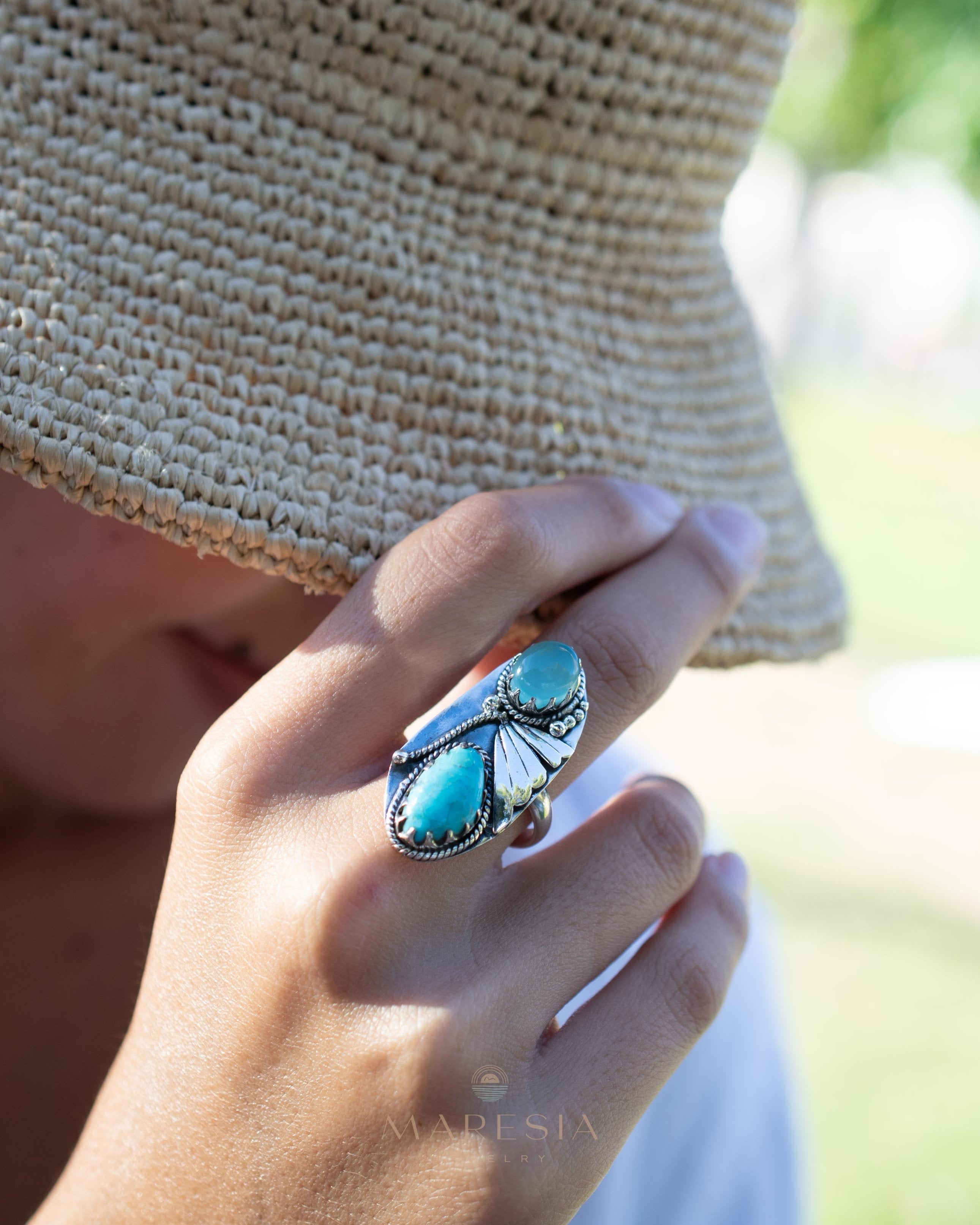Emily Ring ~Turquoise & Aqua Chalcedony ~ Sterling Silver 925 ~ MR292 - Maresia Jewelry