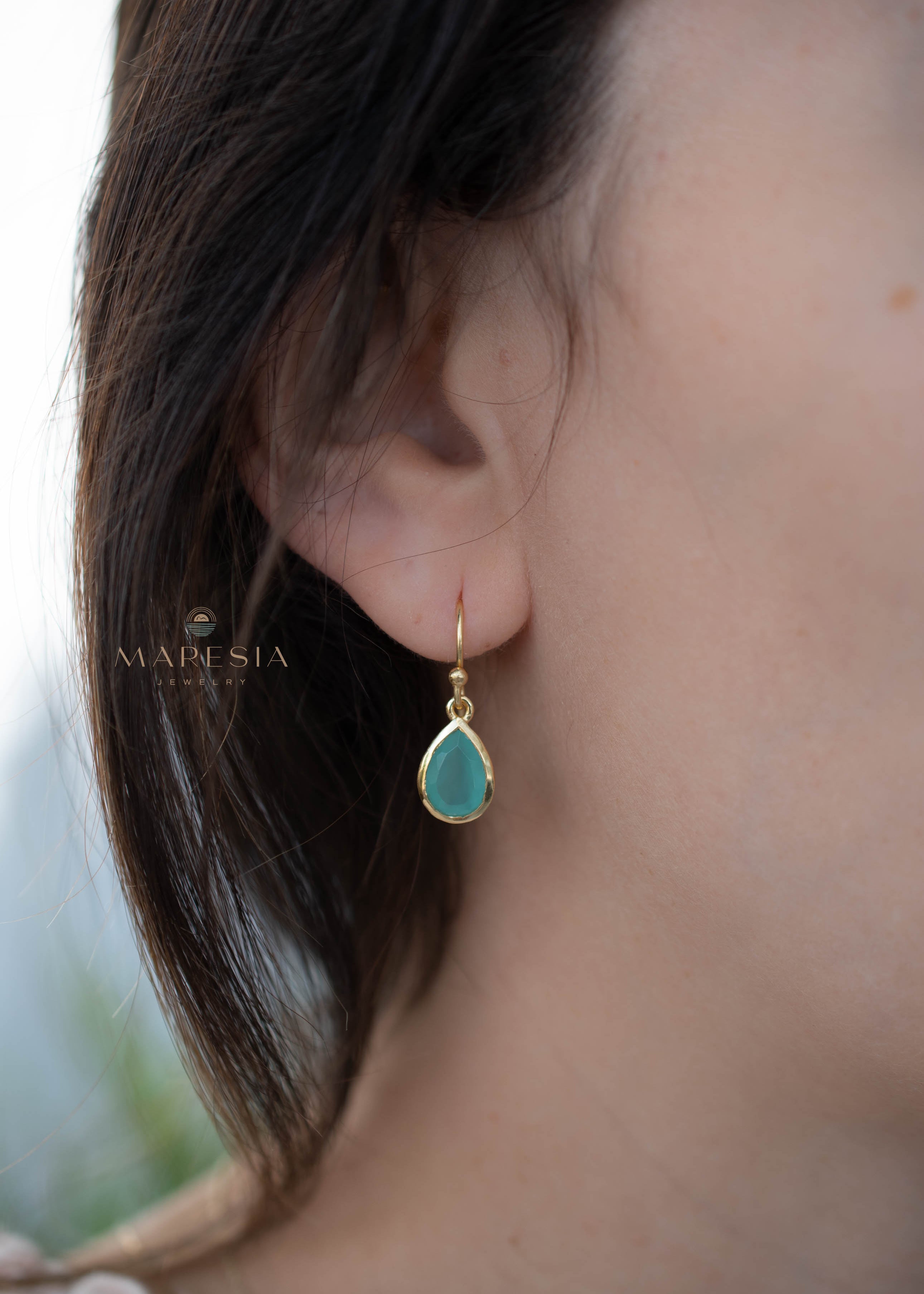 Ariel Aqua Chalcedony Tear Drop Earrings ~ 18k Gold Plated ~ ME191 - Maresia Jewelry