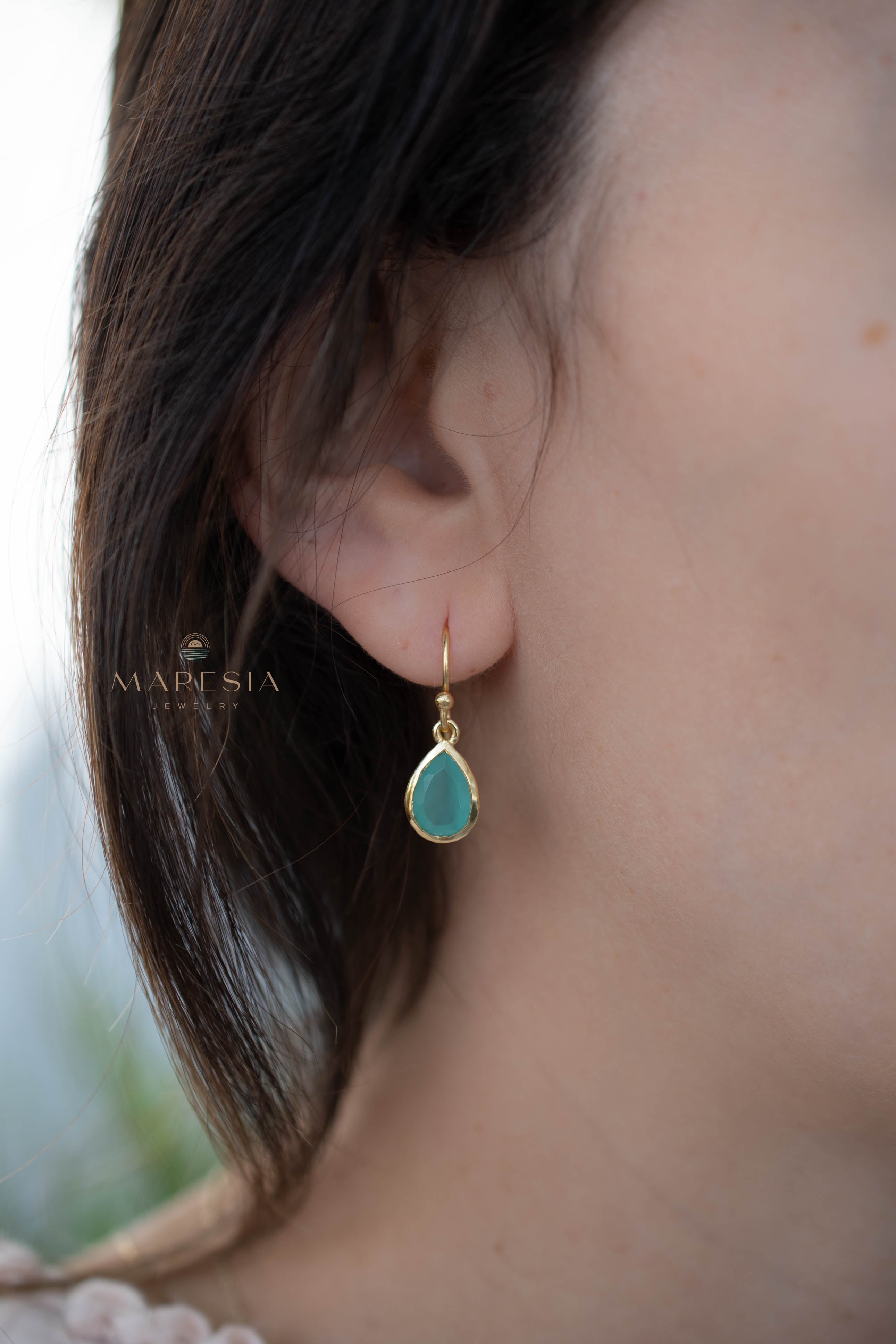 Ariel Aqua Chalcedony Tear Drop Earrings ~ 18k Gold Plated ~ ME191 - Maresia Jewelry