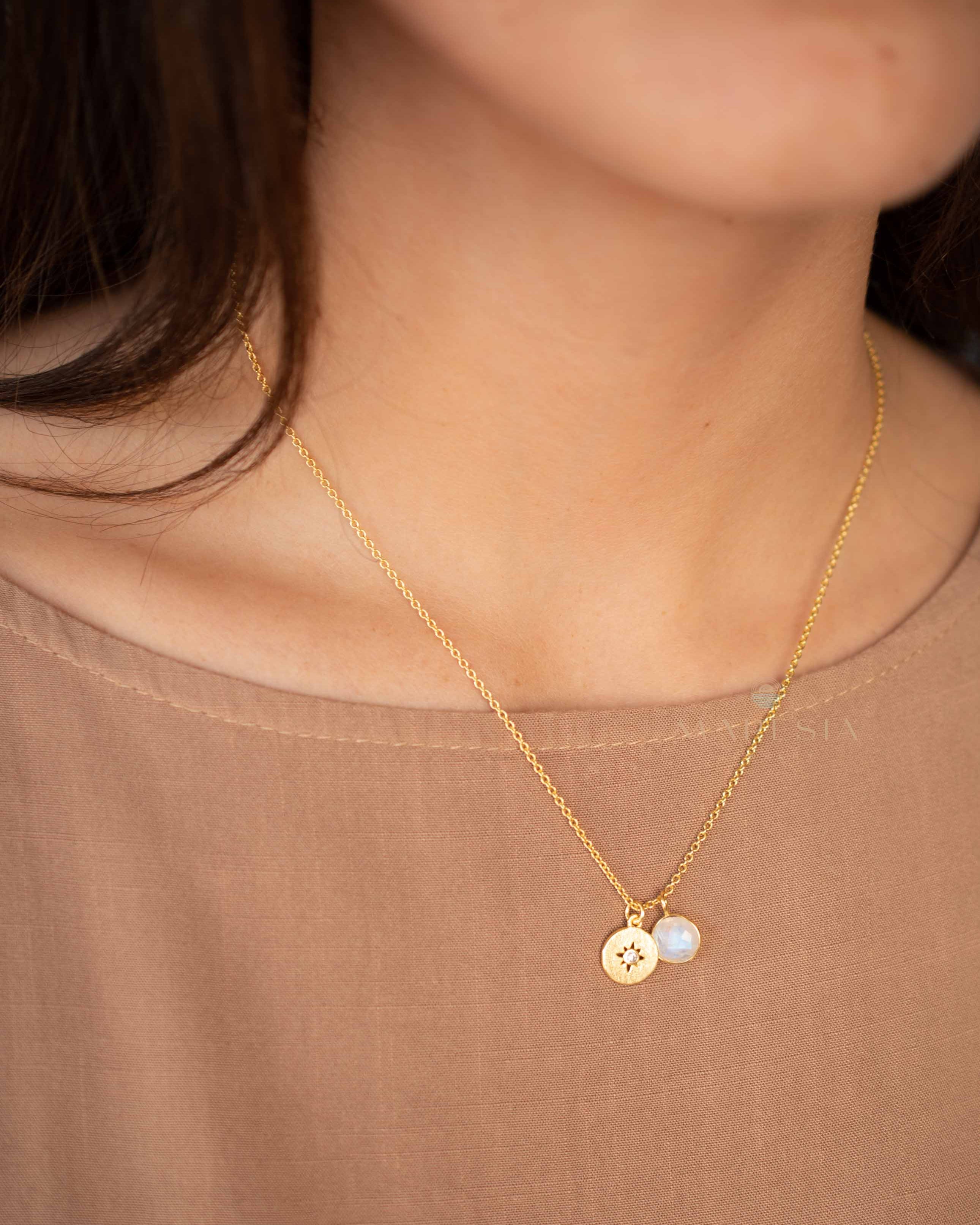 Aria Necklace ~ Iolite hydro, Moonstone, Aqua Chalcedony Hydro or Labradorite & CZ ~ Gold Plated 18k ~ MN126 - Maresia Jewelry
