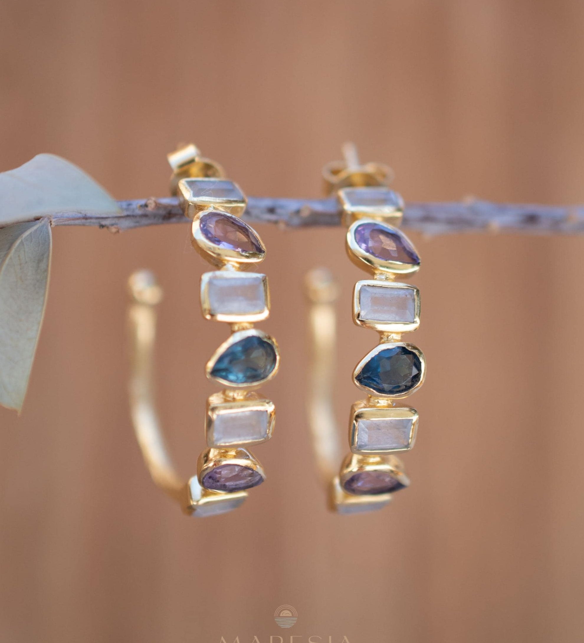 Moonstone, Amethyst and Iolite hydro~ Hoop Earrings 18k Gold Plated Earrings ~ Gemstone ~ Post ~Boho design ~ Handmade ~ Jewelry ME008