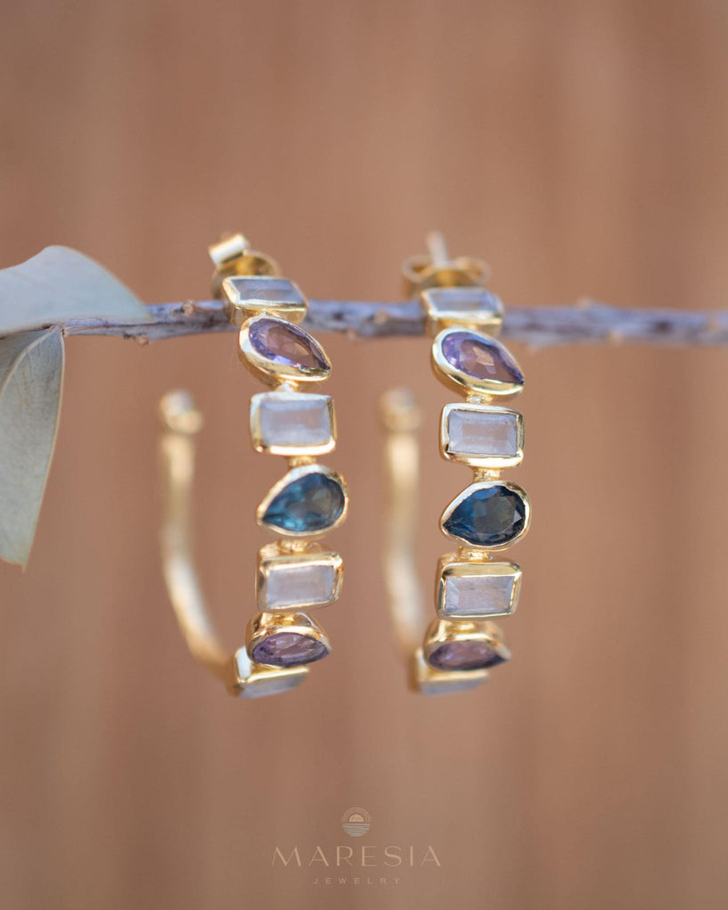 Moonstone, Amethyst and Iolite hydro~ Hoop Earrings 18k Gold Plated Earrings ~ Gemstone ~ Post ~Boho design ~ Handmade ~ Jewelry ME008