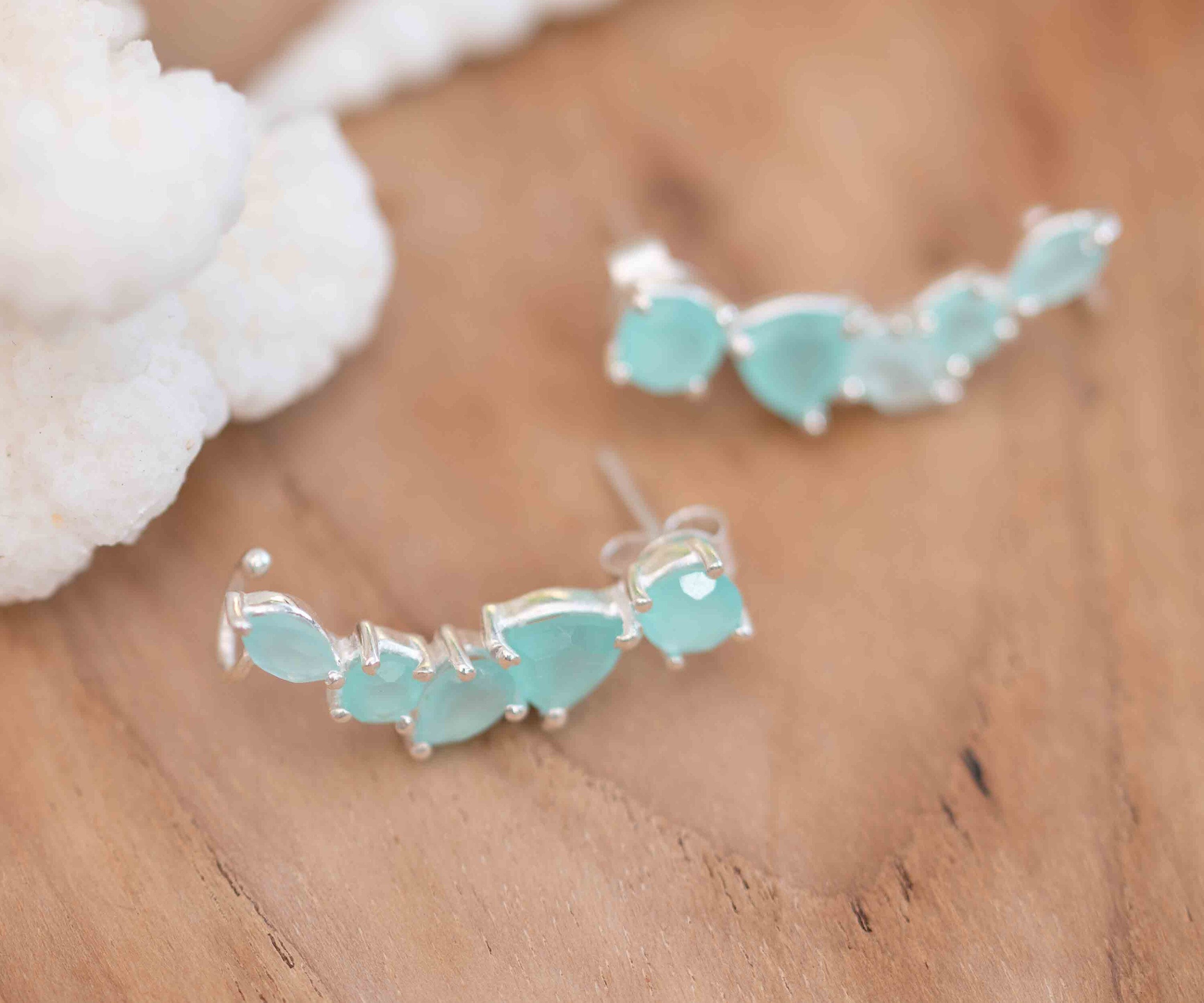 Aqua Chalcedony Ear Climber Earrings ~Stud ~ Jewelry ~ Sterling silver ~ Natural ~ Minimalist Everyday ~ Gift for Her ~ Boho ~Hippie~ ME166