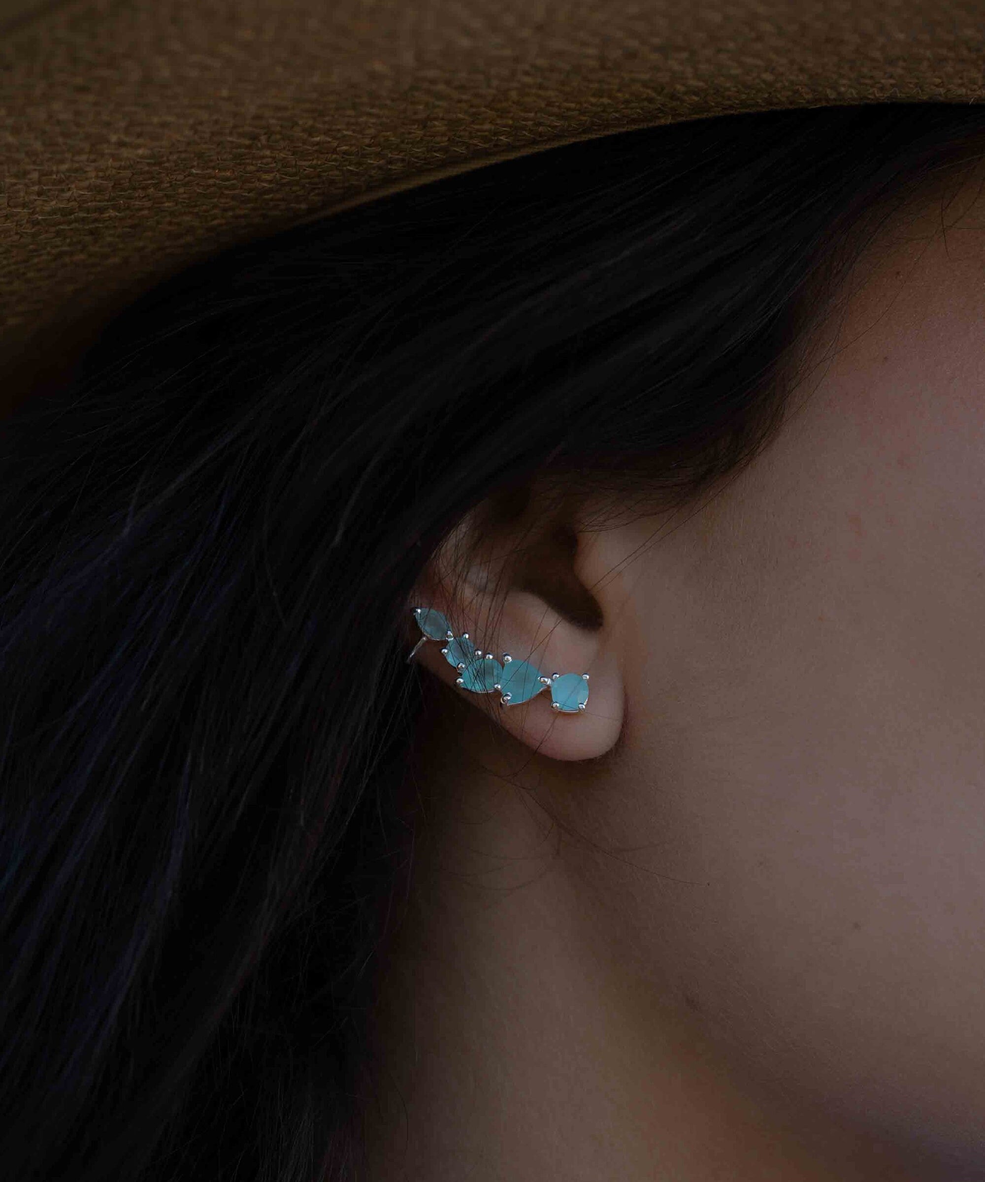 Aqua Chalcedony Ear Climber Earrings ~Stud ~ Jewelry ~ Sterling silver ~ Natural ~ Minimalist Everyday ~ Gift for Her ~ Boho ~Hippie~ ME166