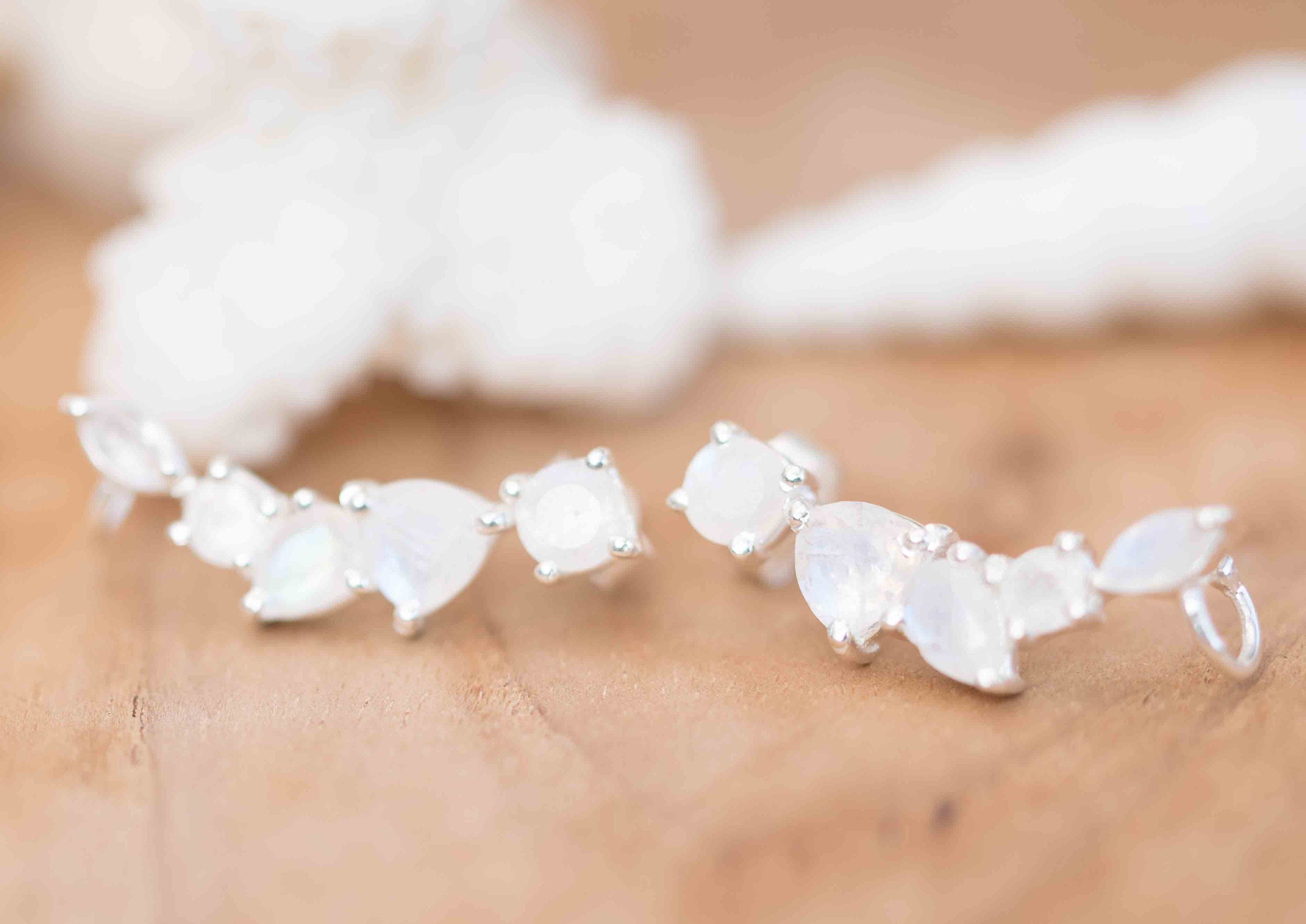 Moonstone Ear Climber Earrings ~Stud ~ Jewelry ~ Sterling Silver 925 ~ Natural ~ Minimalist Everyday ~ Gift for Her ~ Boho ~ Hippie ~ ME167