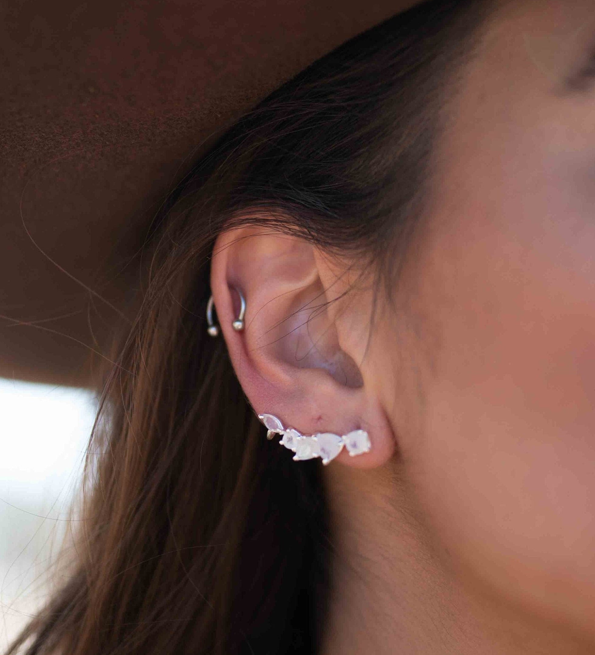 Moonstone Ear Climber Earrings ~Stud ~ Jewelry ~ Sterling Silver 925 ~ Natural ~ Minimalist Everyday ~ Gift for Her ~ Boho ~ Hippie ~ ME167