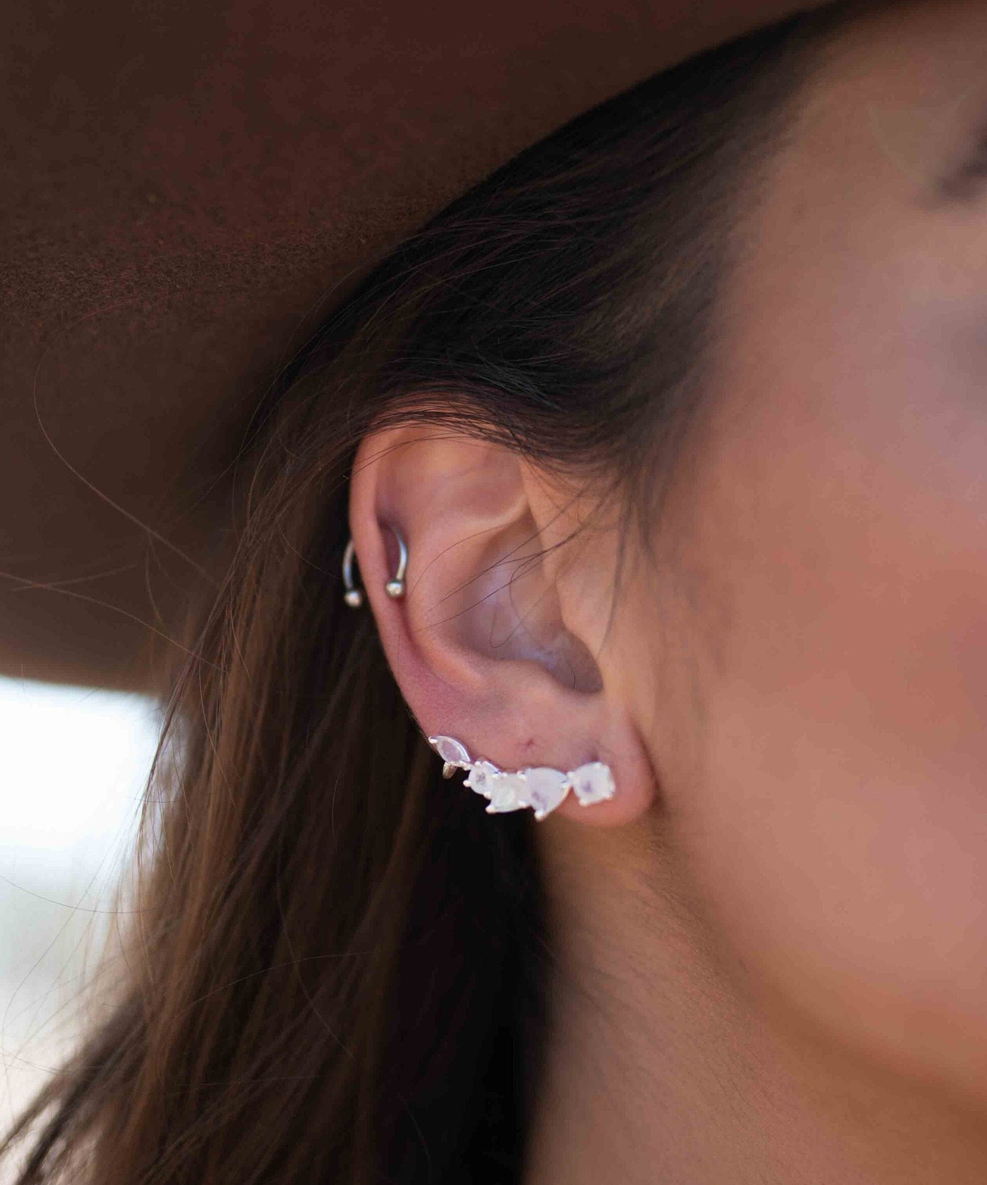 Moonstone Ear Climber Earrings ~Stud ~ Jewelry ~ Sterling Silver 925 ~ Natural ~ Minimalist Everyday ~ Gift for Her ~ Boho ~ Hippie ~ ME167