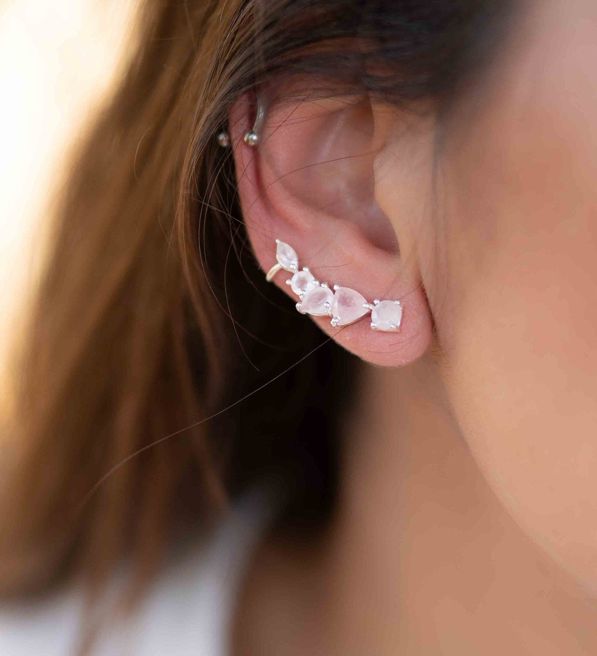 Rose Quartz Ear Climber Earrings ~ Sterling Silver 925 ~ Stud ~ Jewelry ~ Natural ~ Minimalist Everyday ~ Gift for Her ~ Boho~Hippie~ ME168