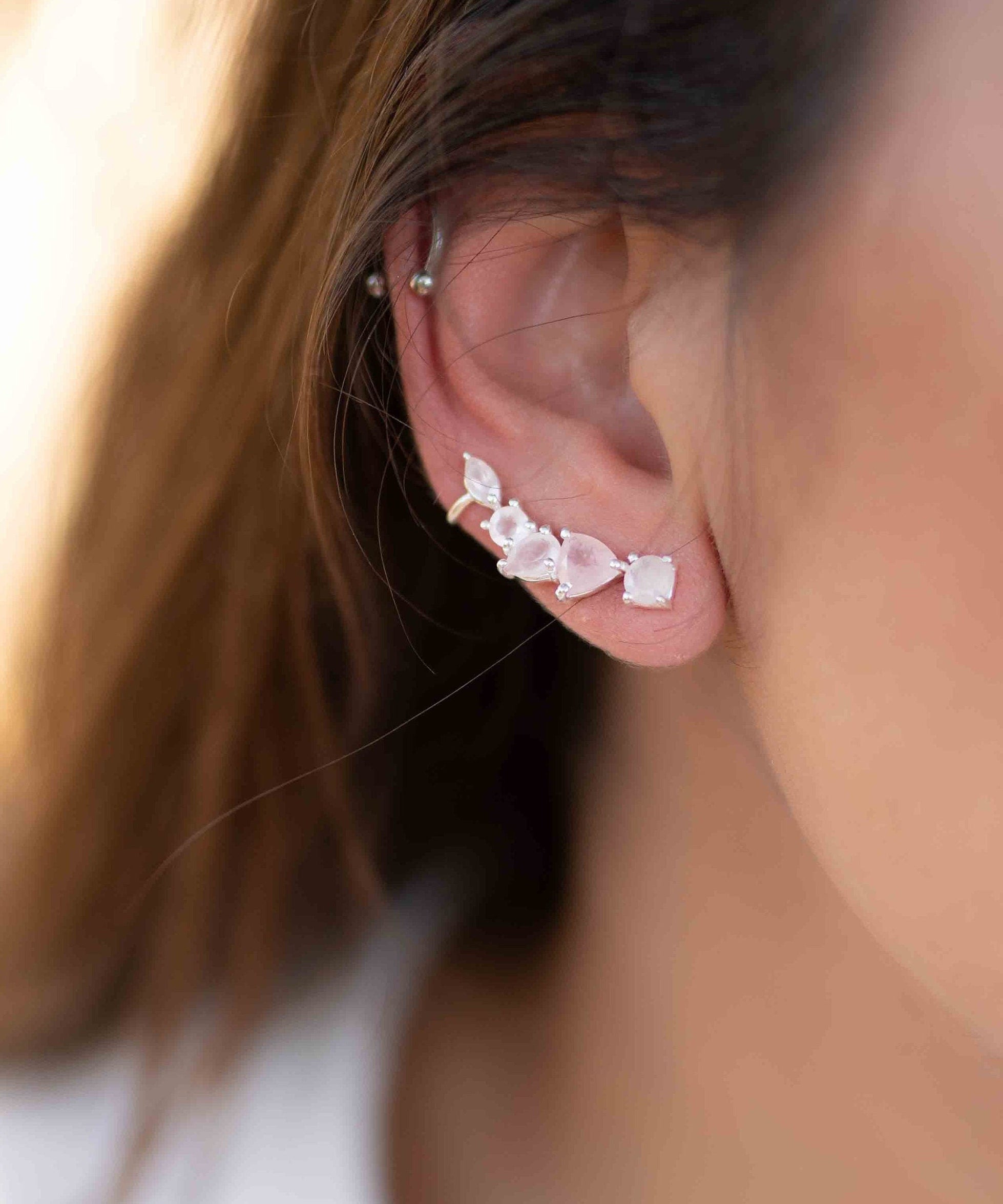 Rose Quartz Ear Climber Earrings ~ Sterling Silver 925 ~ Stud ~ Jewelry ~ Natural ~ Minimalist Everyday ~ Gift for Her ~ Boho~Hippie~ ME168