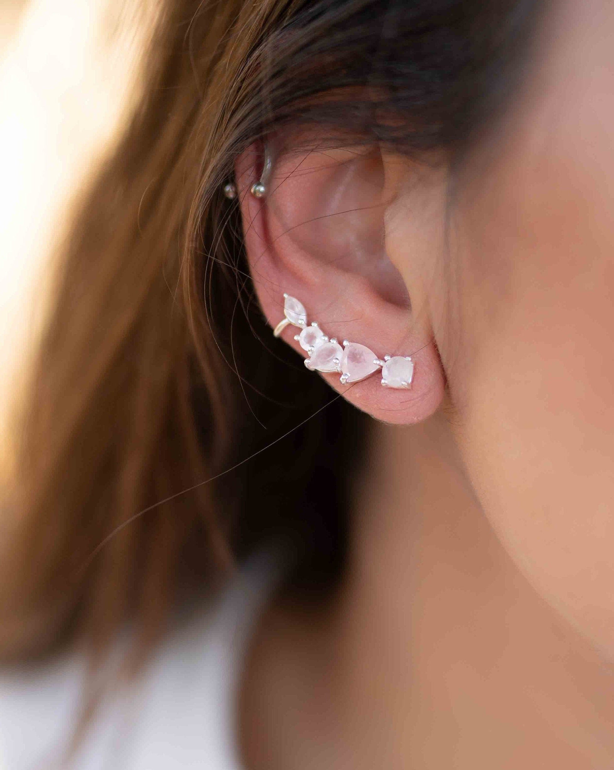 Rose Quartz Ear Climber Earrings ~ Sterling Silver 925 ~ Stud ~ Jewelry ~ Natural ~ Minimalist Everyday ~ Gift for Her ~ Boho~Hippie~ ME168