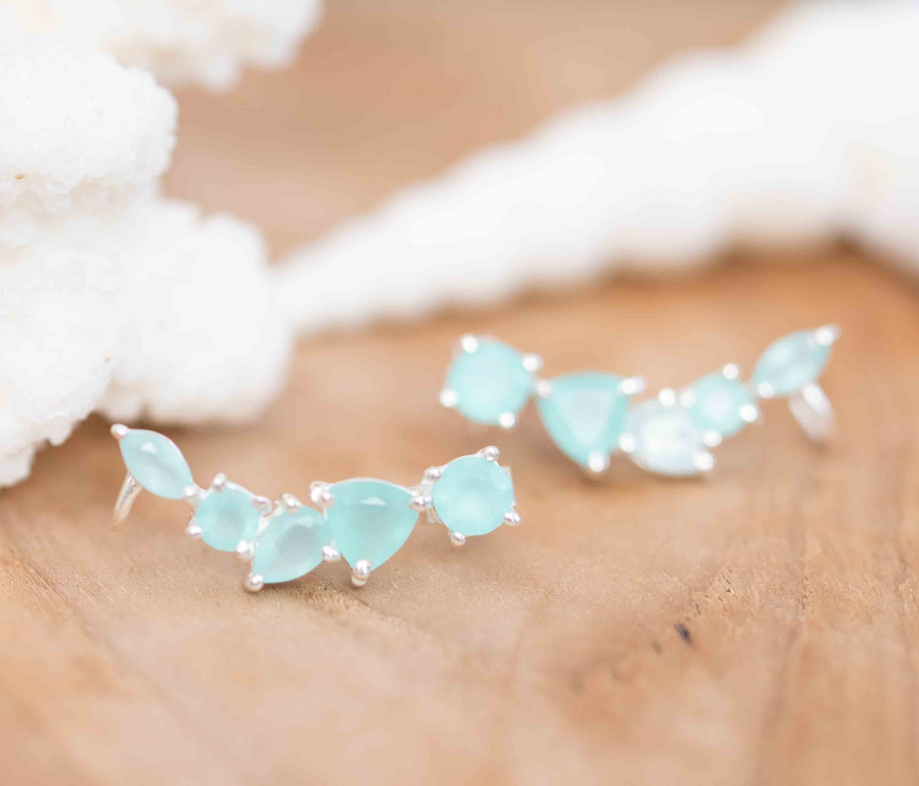 Aqua Chalcedony Ear Climber Earrings ~Stud ~ Jewelry ~ Sterling silver ~ Natural ~ Minimalist Everyday ~ Gift for Her ~ Boho ~Hippie~ ME166