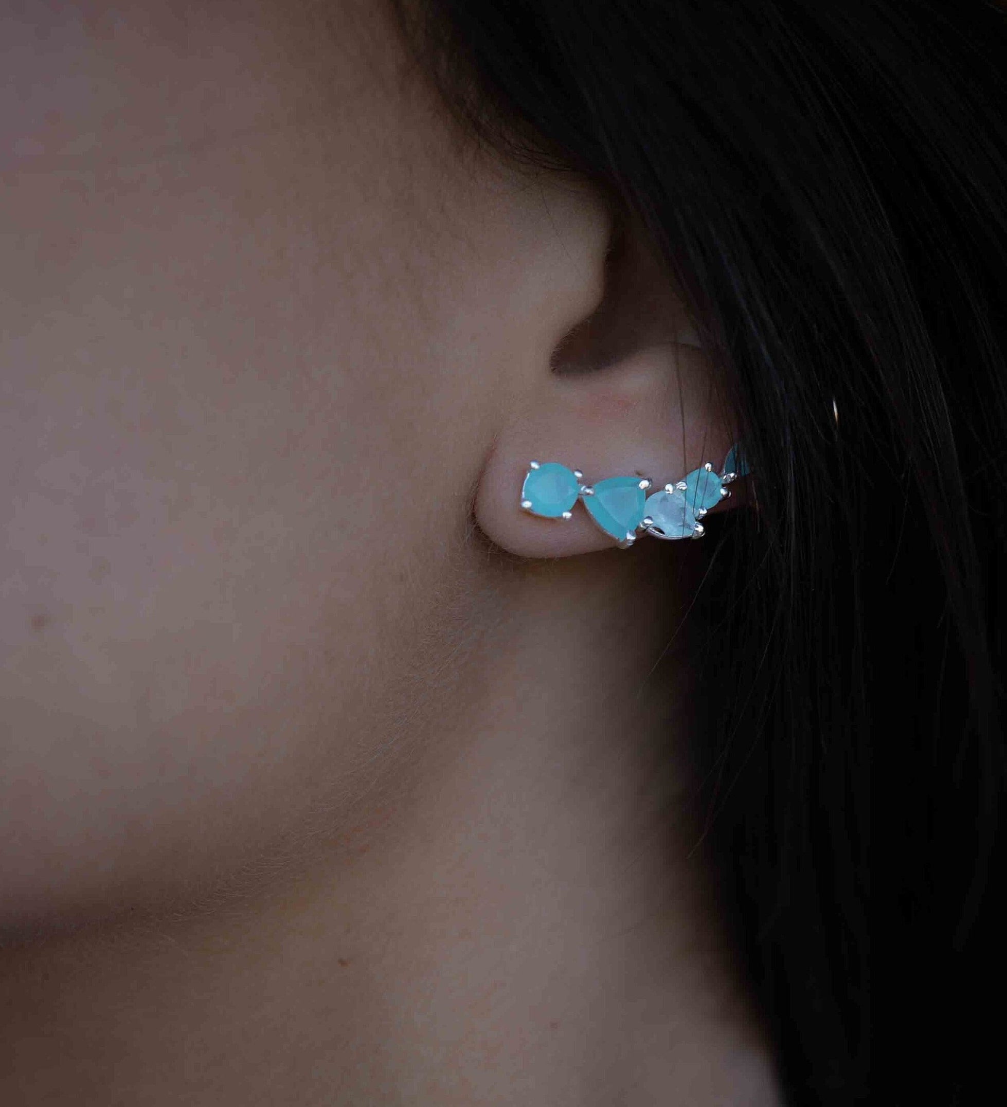 Aqua Chalcedony Ear Climber Earrings ~Stud ~ Jewelry ~ Sterling silver ~ Natural ~ Minimalist Everyday ~ Gift for Her ~ Boho ~Hippie~ ME166